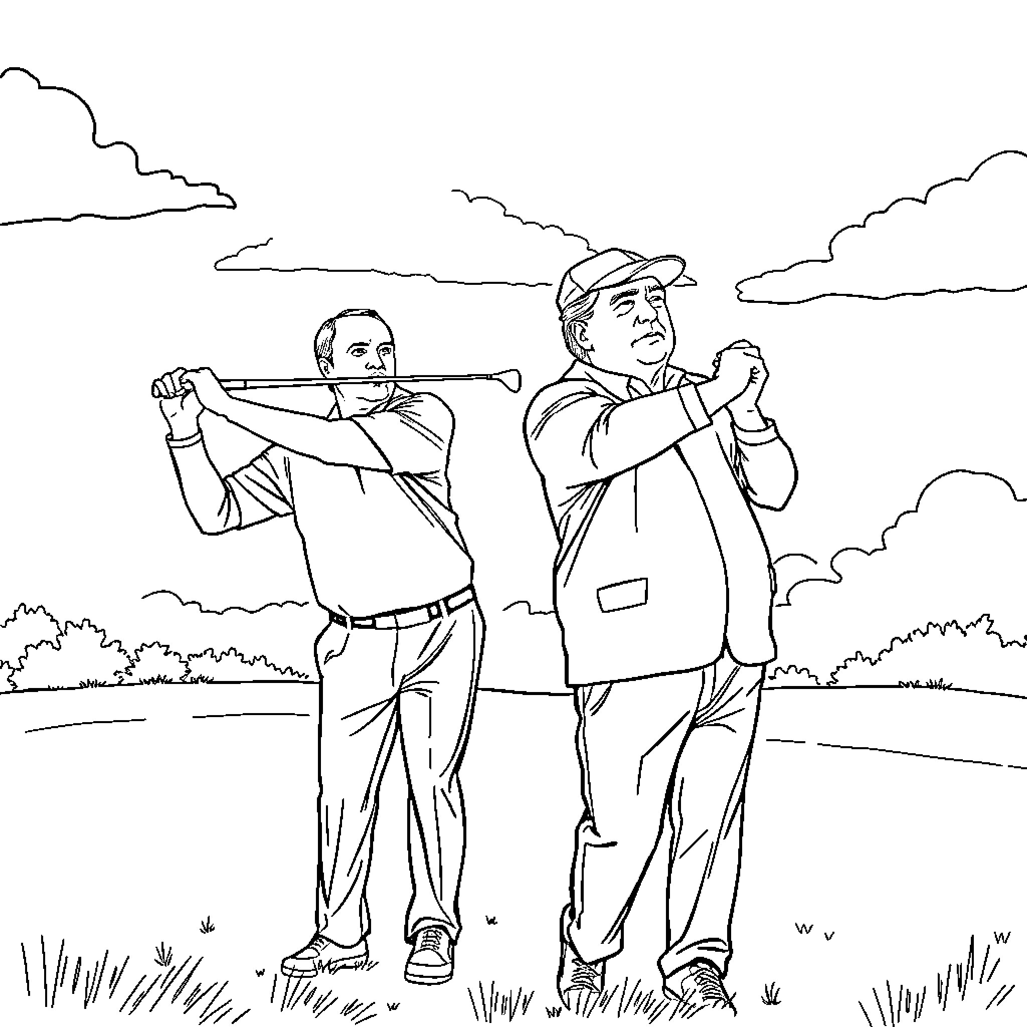 President playing golf with colleague on a sunny day Coloring Page (free black-and-white line drawing printable PDF for all, from beginners to advanced learners, including children, teens, adults, and seniors)