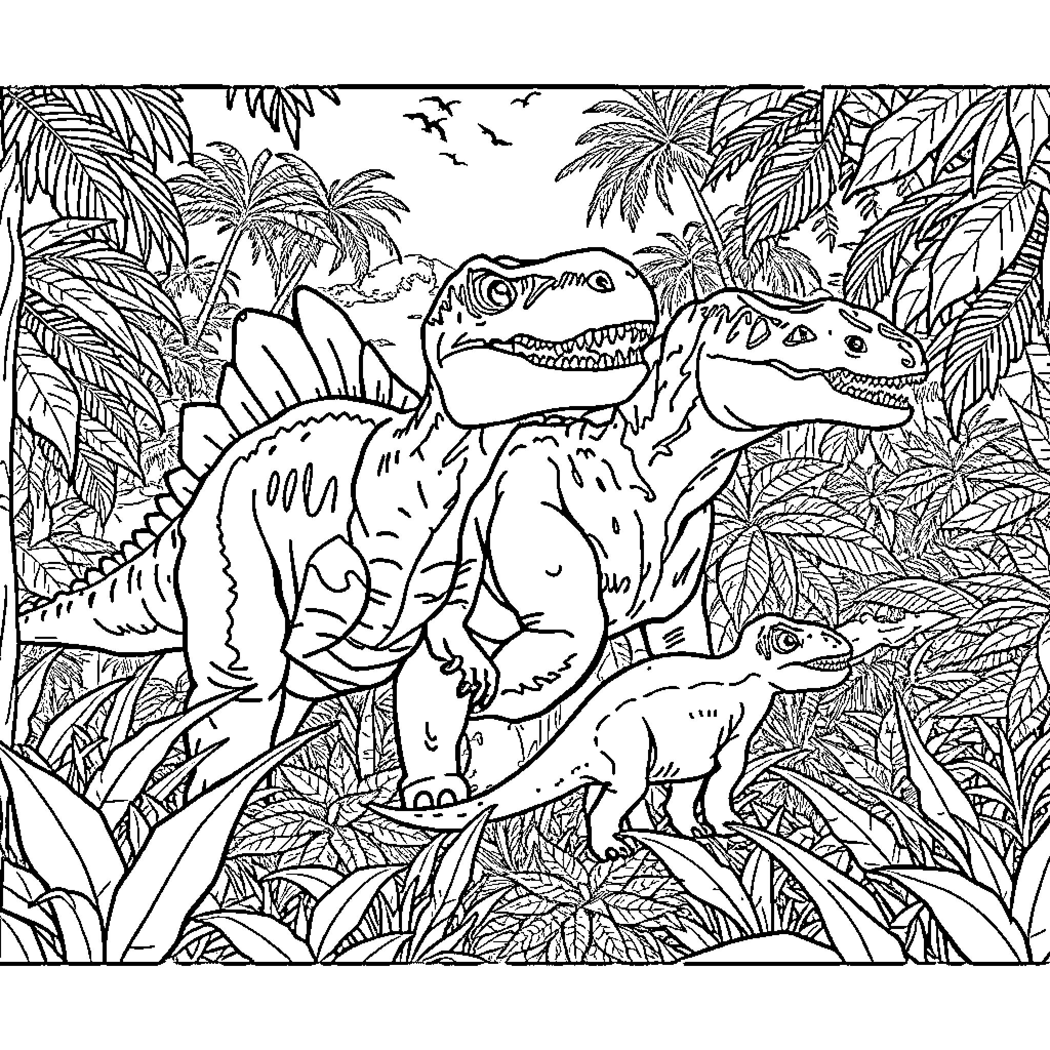 Dinosaurs in a Lush Jungle Landscape Coloring Page (free black-and-white line drawing printable PDF for all, from beginners to advanced learners, including children, teens, adults, and seniors)