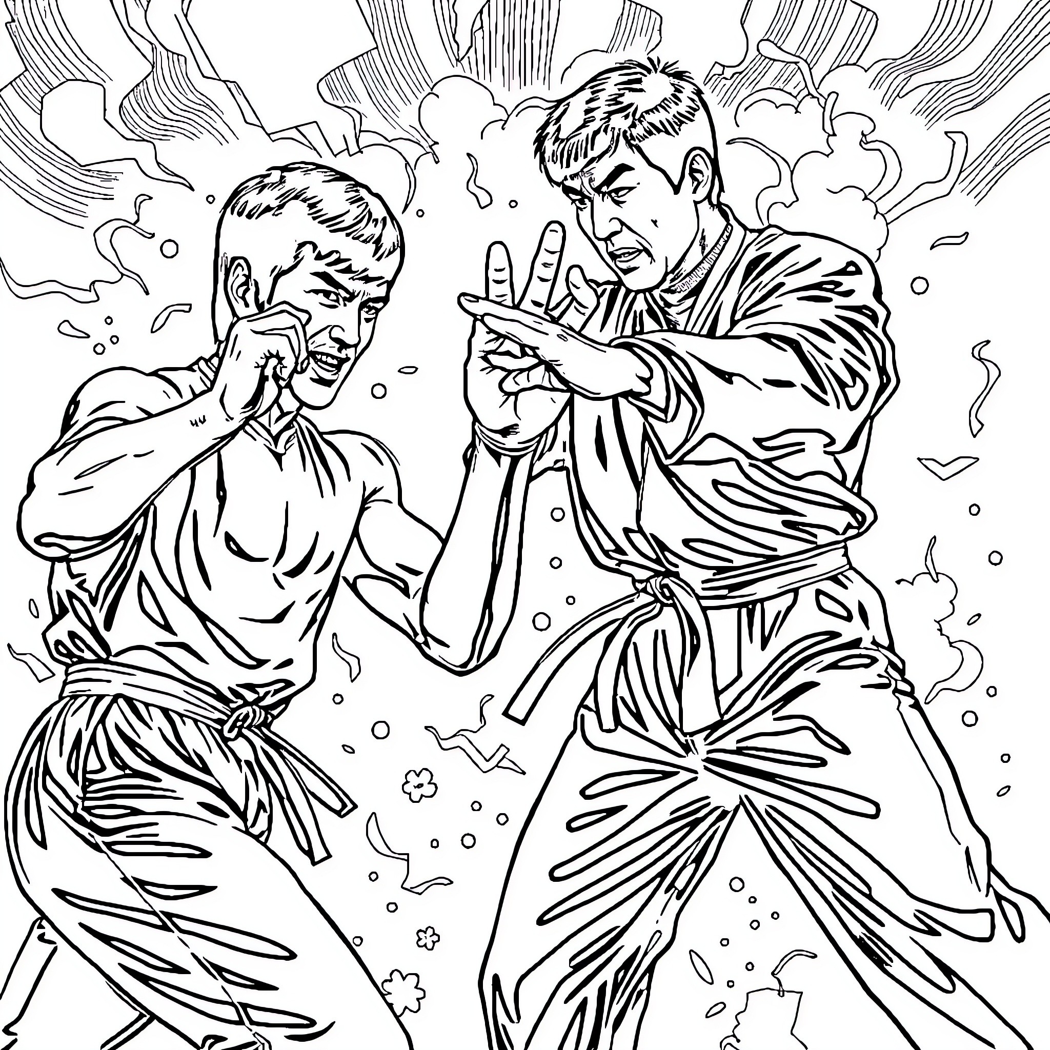 Bruce Lee's iconic martial arts pose and intensity Coloring Page (free black-and-white line drawing printable PDF for all, from beginners to advanced learners, including children, teens, adults, and seniors)