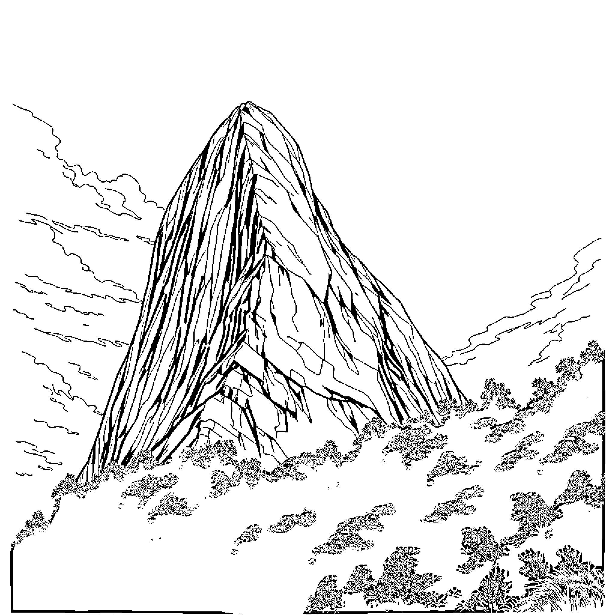 Rock formation towering above lush landscape Coloring Page (free black-and-white line drawing printable PDF for all, from beginners to advanced learners, including children, teens, adults, and seniors)