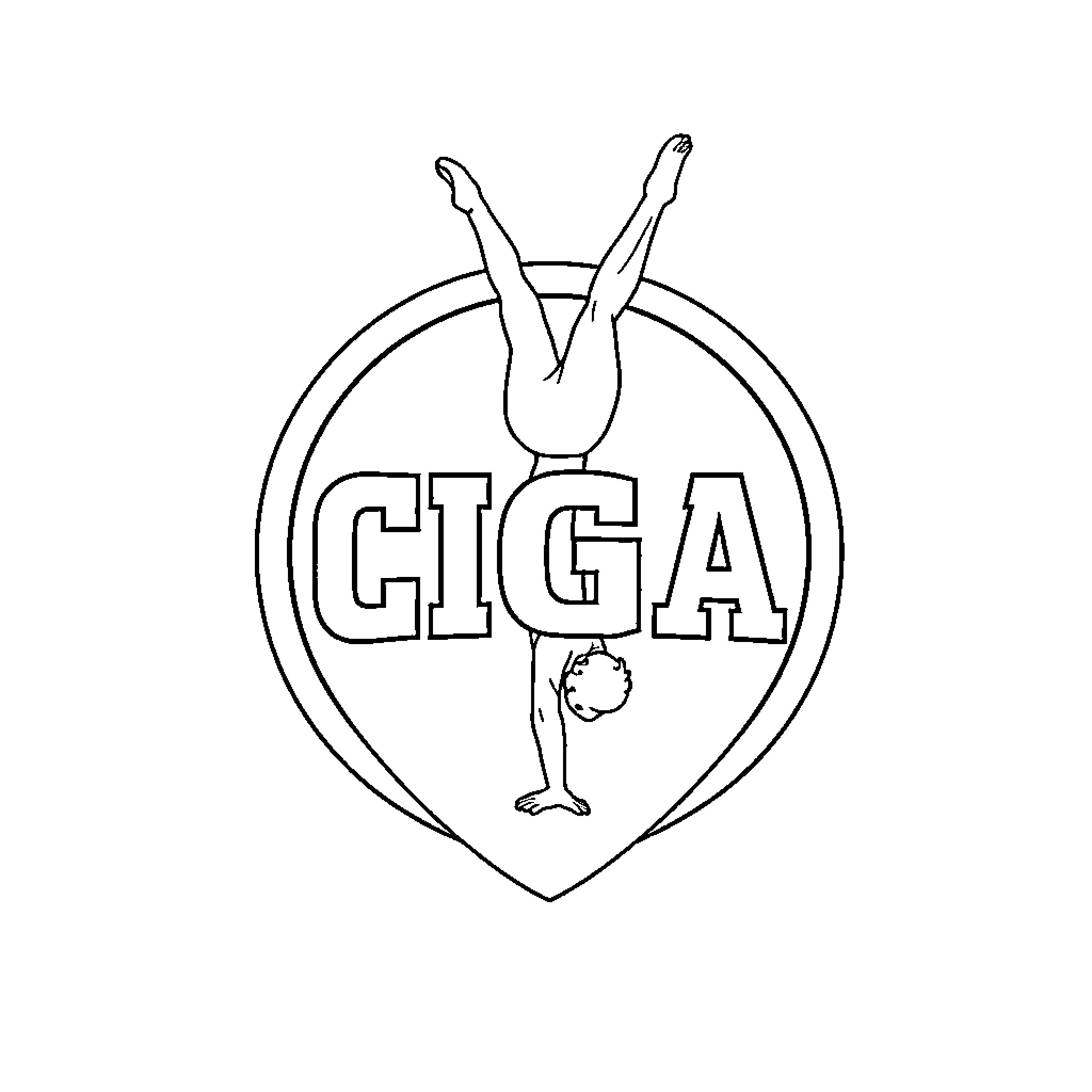 Gymnast performing handstand in CIGA logo Coloring Page (free black-and-white line drawing printable PDF for all, from beginners to advanced learners, including children, teens, adults, and seniors)