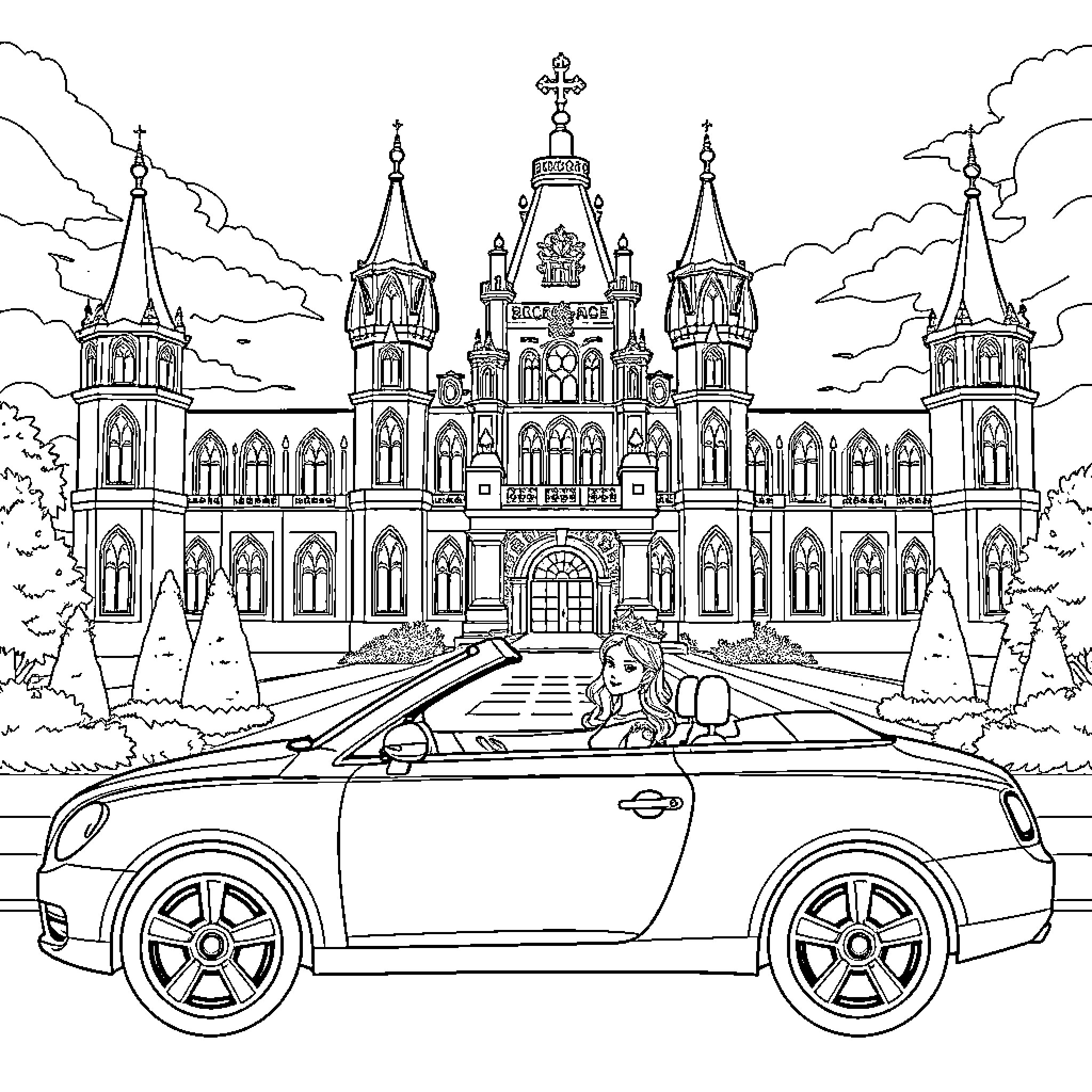 Princess in a Convertible Admires Palace Grandeur Coloring Page (free black-and-white line drawing printable PDF for all, from beginners to advanced learners, including children, teens, adults, and seniors)