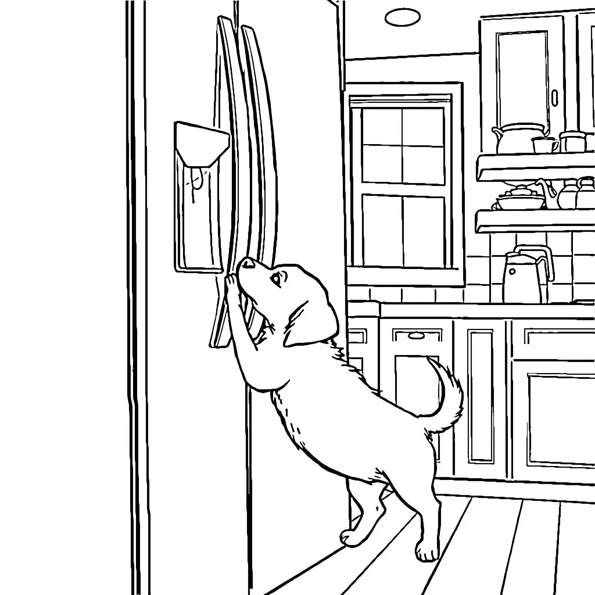 Dog exploring kitchen counter in a home Coloring Page (free black-and-white line drawing printable PDF for all, from beginners to advanced learners, including children, teens, adults, and seniors)