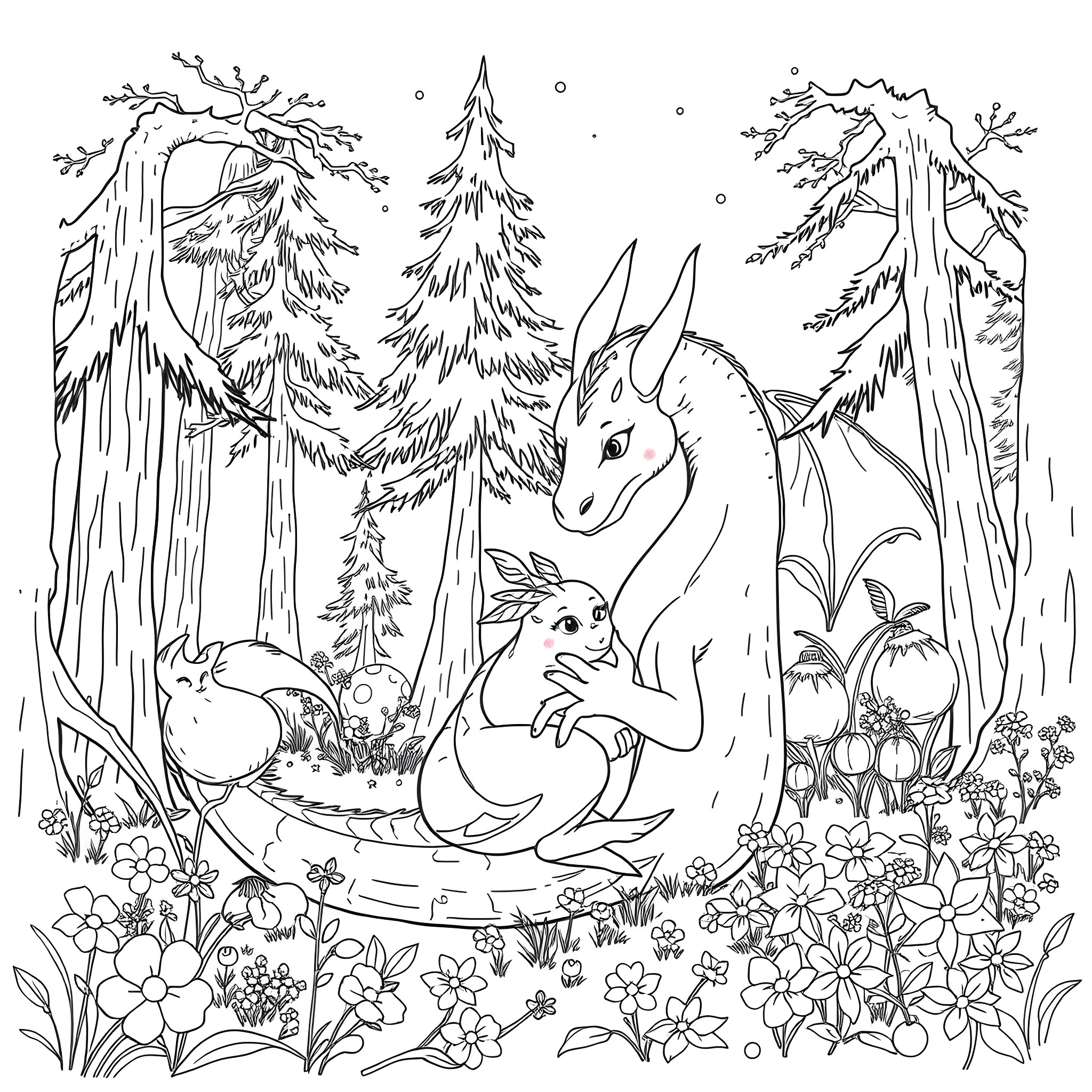 Dragon family in a magical forest Coloring Page (free black-and-white line drawing printable PDF for all, from beginners to advanced learners, including children, teens, adults, and seniors)