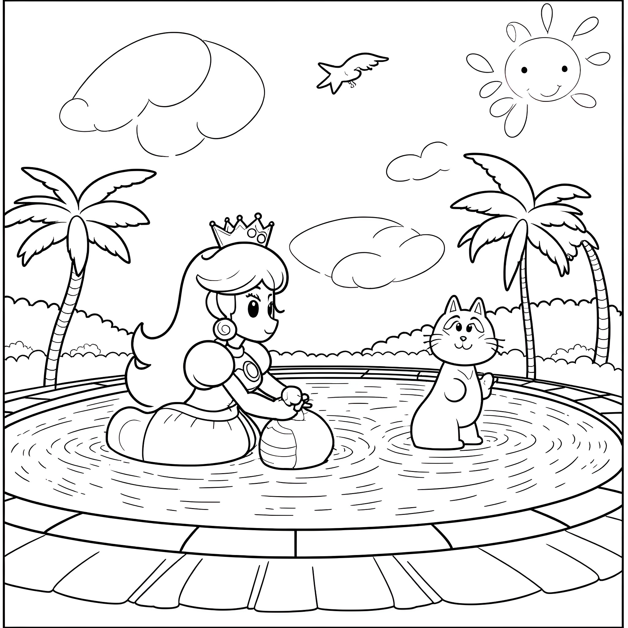 Princess playing in the tropical paradise Coloring Page (free black-and-white line drawing printable PDF for all, from beginners to advanced learners, including children, teens, adults, and seniors)