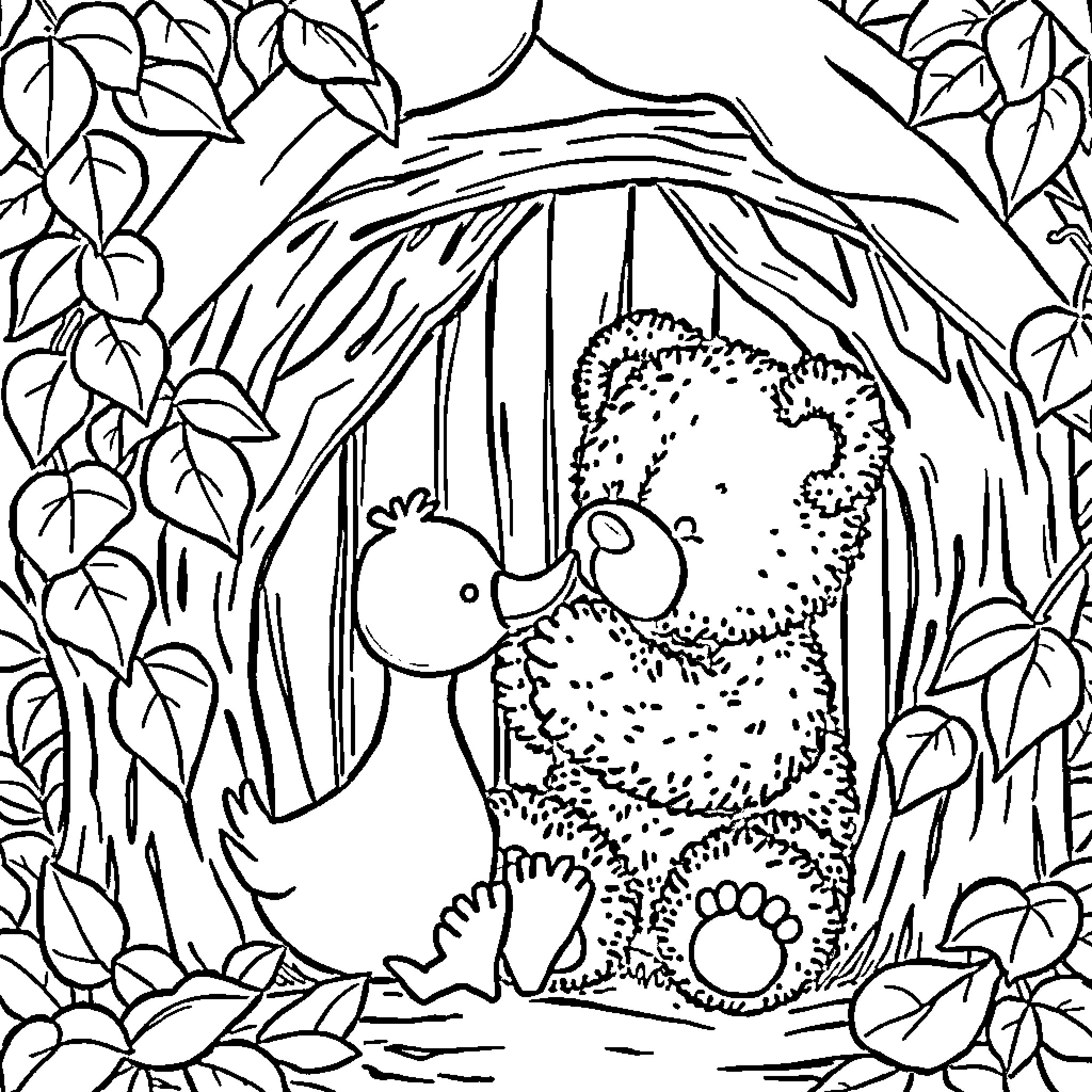 Teddy Bear Resting in Leafy Hideaway Coloring Page (free black-and-white line drawing printable PDF for all, from beginners to advanced learners, including children, teens, adults, and seniors)