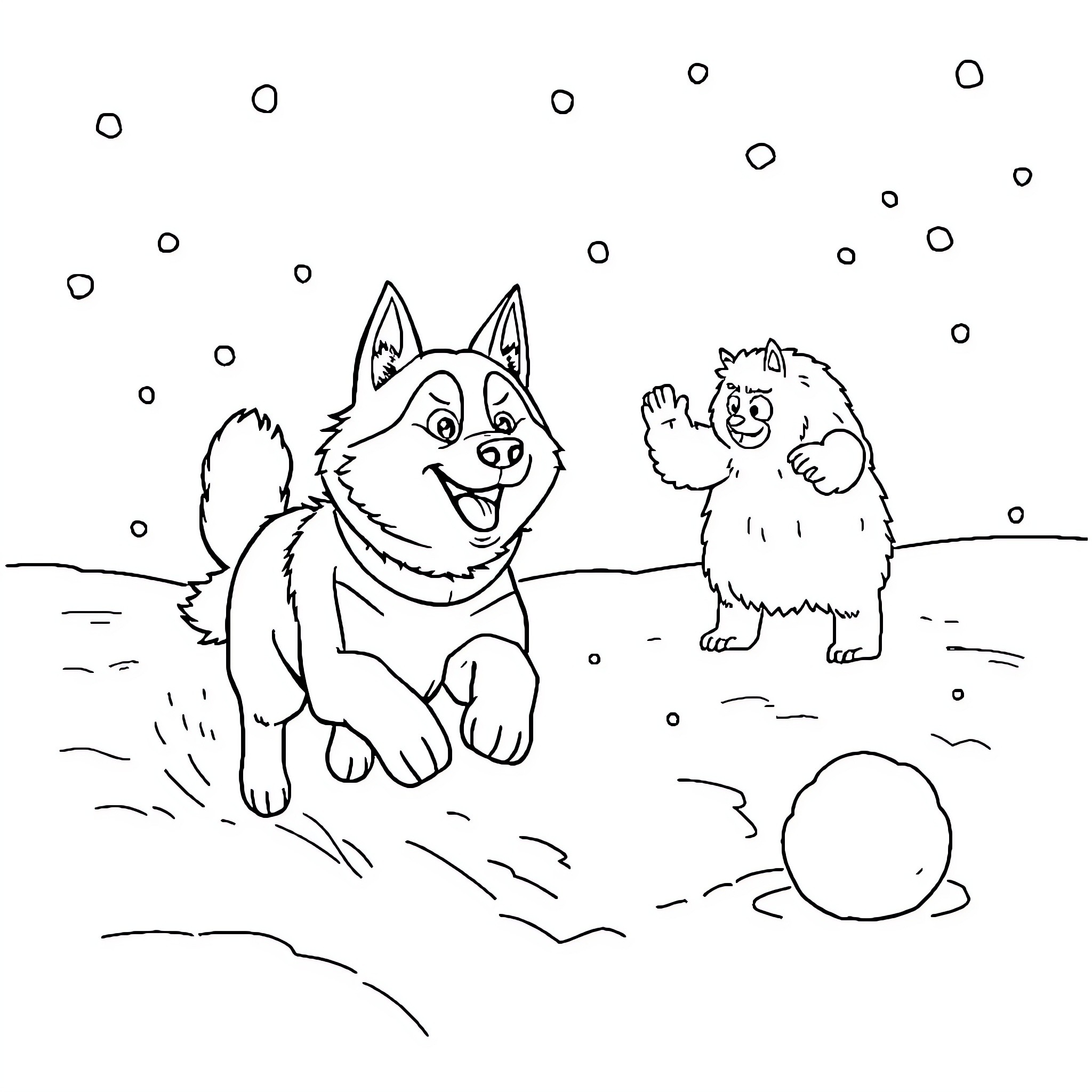 Husky dogs playing in the snow Coloring Page (free black-and-white line drawing printable PDF for all, from beginners to advanced learners, including children, teens, adults, and seniors)