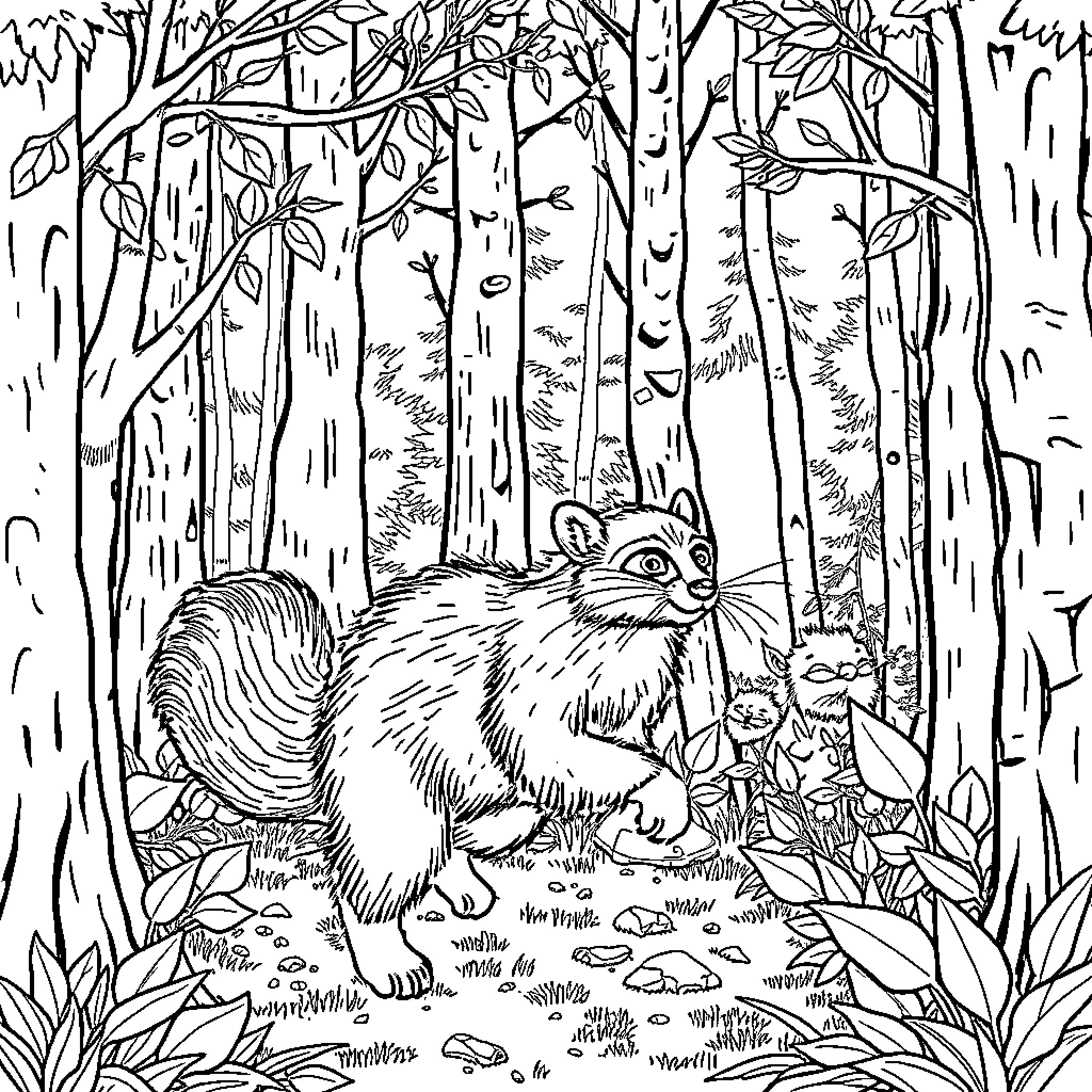 Ferret Exploring the Enchanted Forest Coloring Page (free black-and-white line drawing printable PDF for all, from beginners to advanced learners, including children, teens, adults, and seniors)