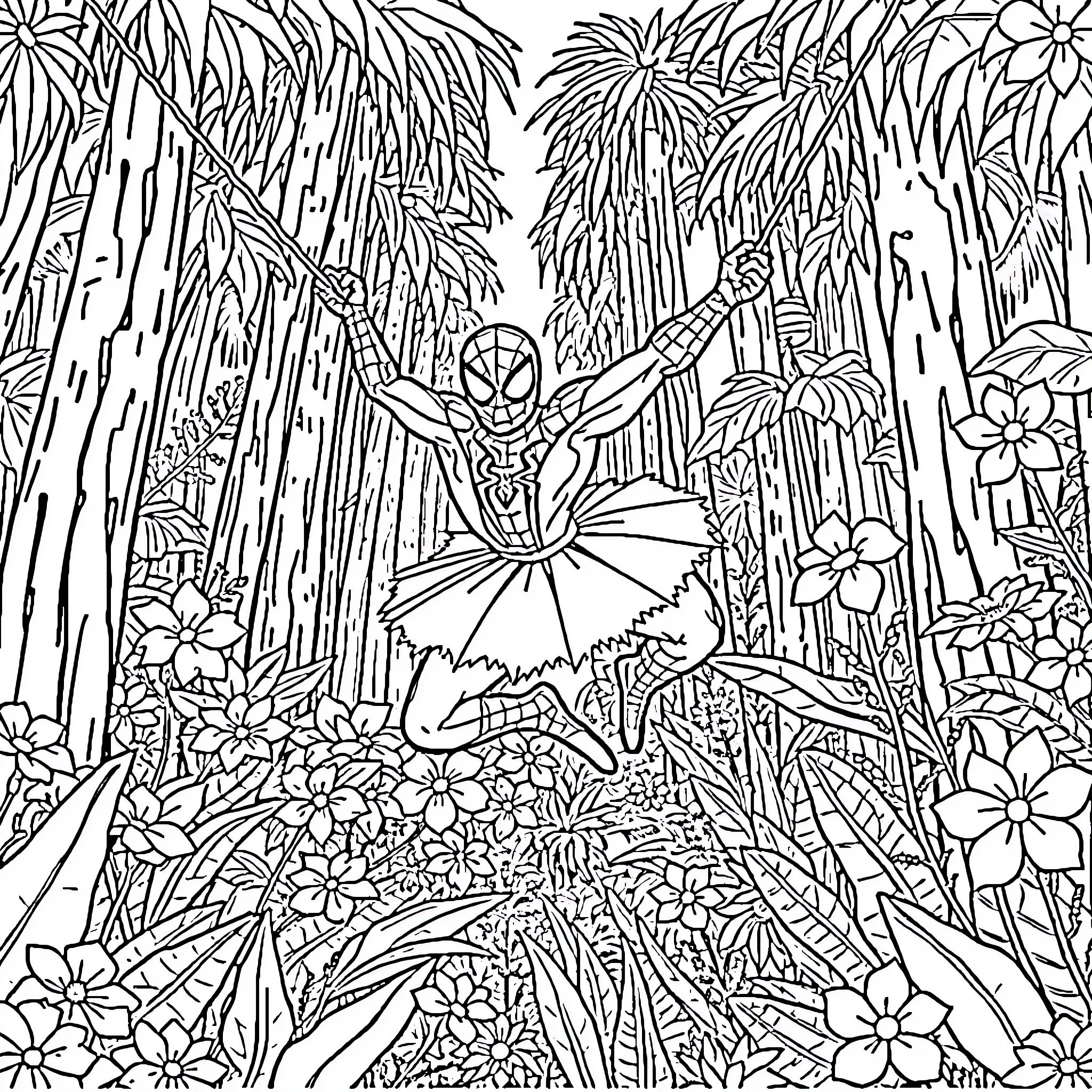 Spiderman Swinging through Enchanted Forest Coloring Page (free black-and-white line drawing printable PDF for all, from beginners to advanced learners, including children, teens, adults, and seniors)