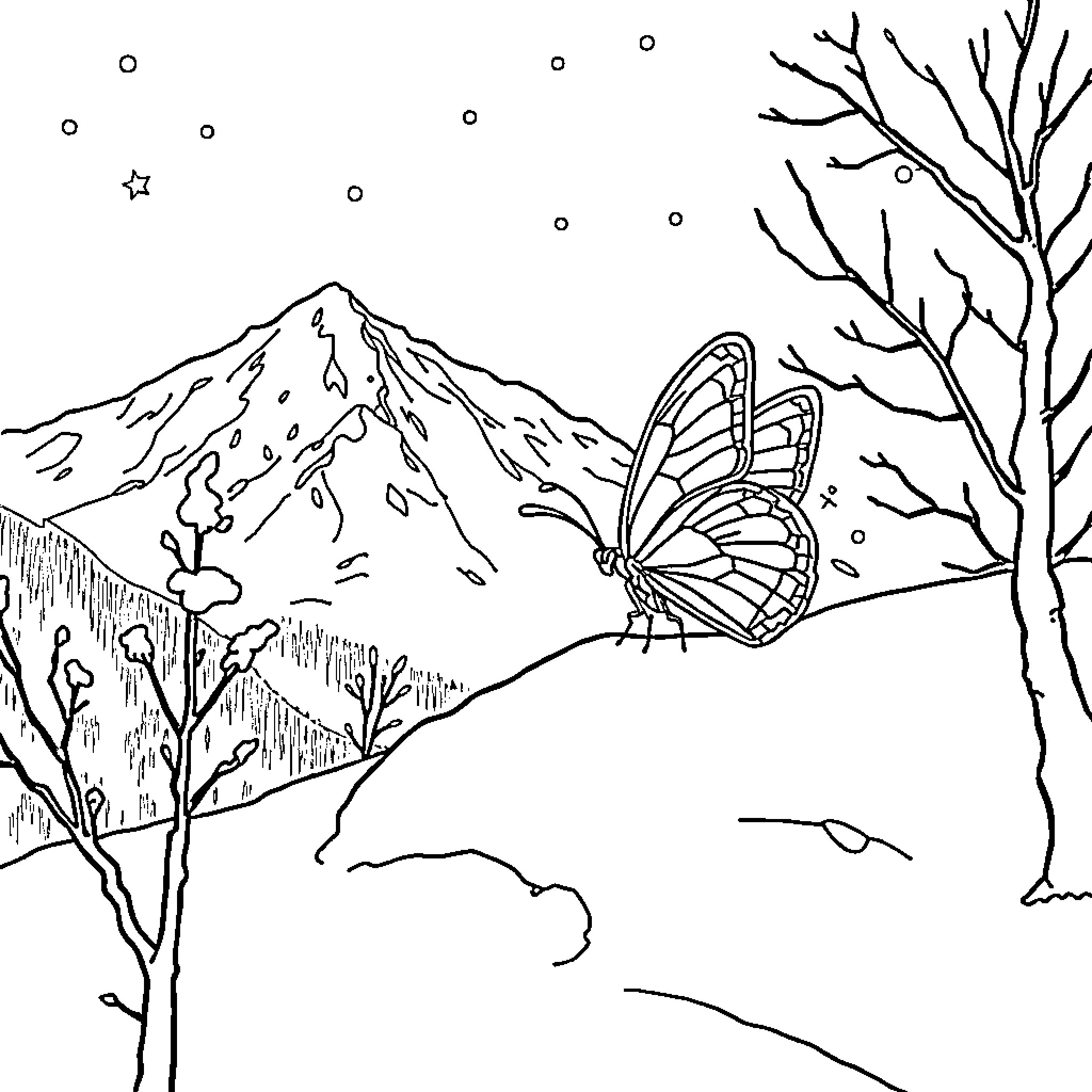 Butterfly resting on branch in winter landscape Coloring Page (free black-and-white line drawing printable PDF for all, from beginners to advanced learners, including children, teens, adults, and seniors)