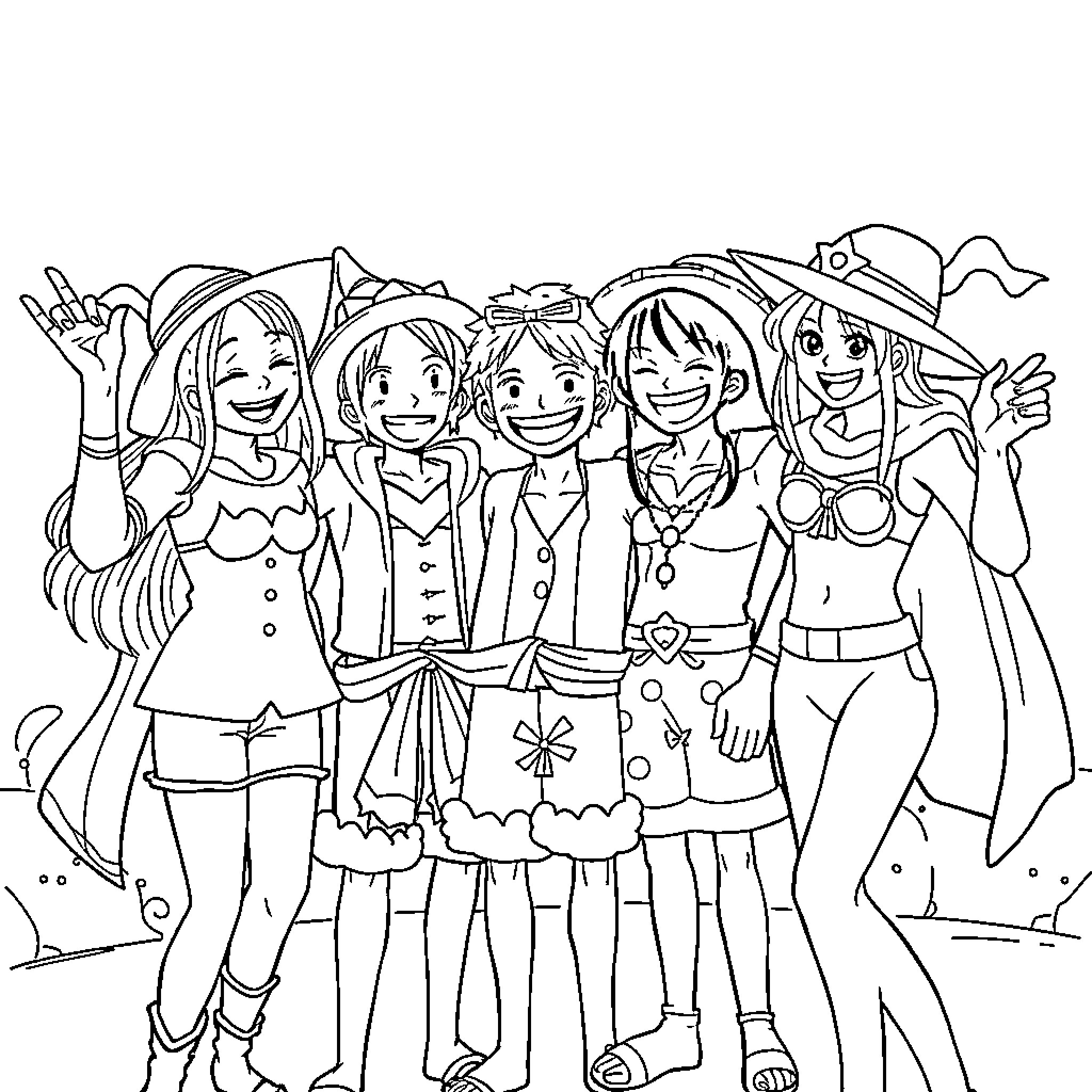 Noel and Friends Celebrating Together Coloring Page (free black-and-white line drawing printable PDF for all, from beginners to advanced learners, including children, teens, adults, and seniors)