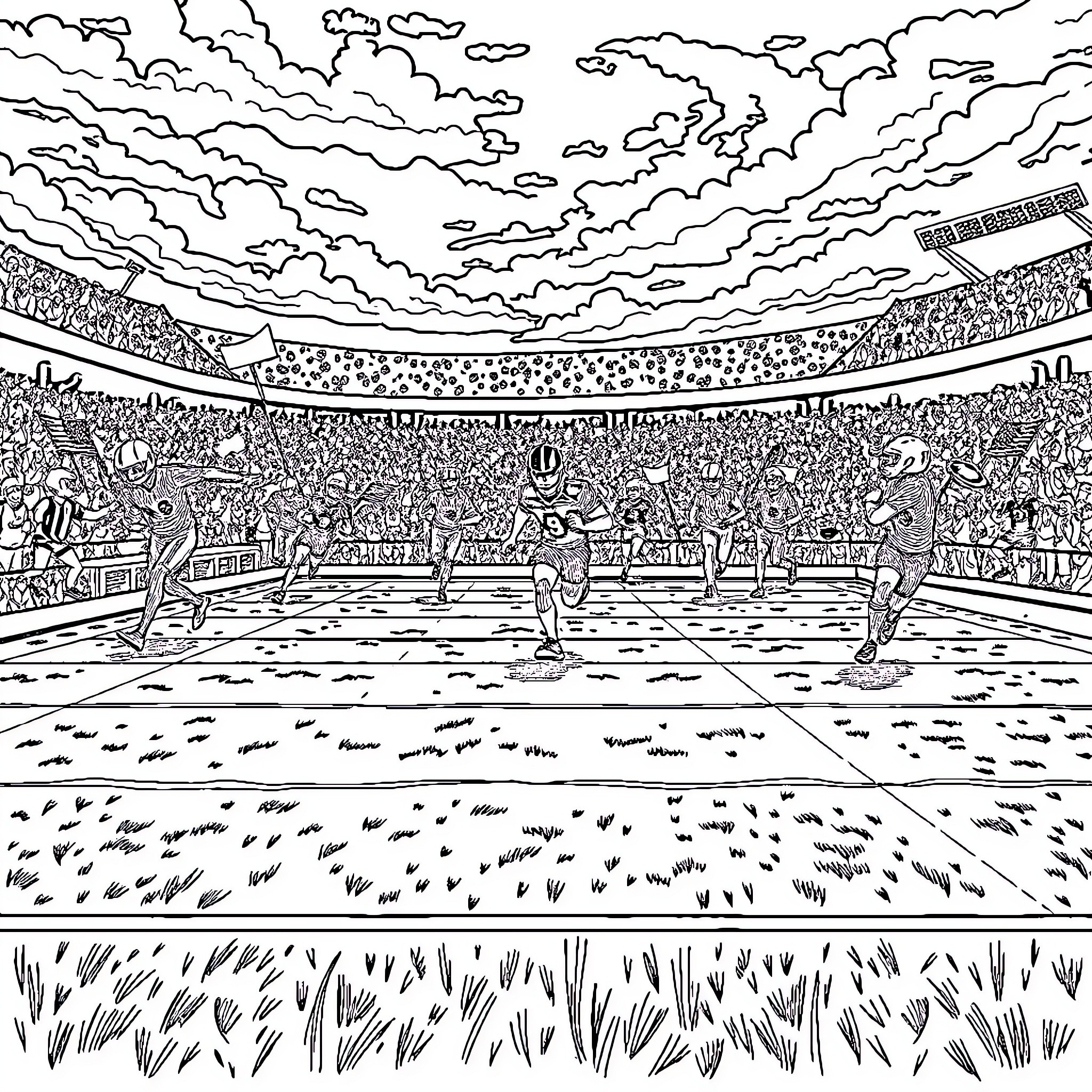 Sport athletes competing in stadium arena Coloring Page (free black-and-white line drawing printable PDF for all, from beginners to advanced learners, including children, teens, adults, and seniors)