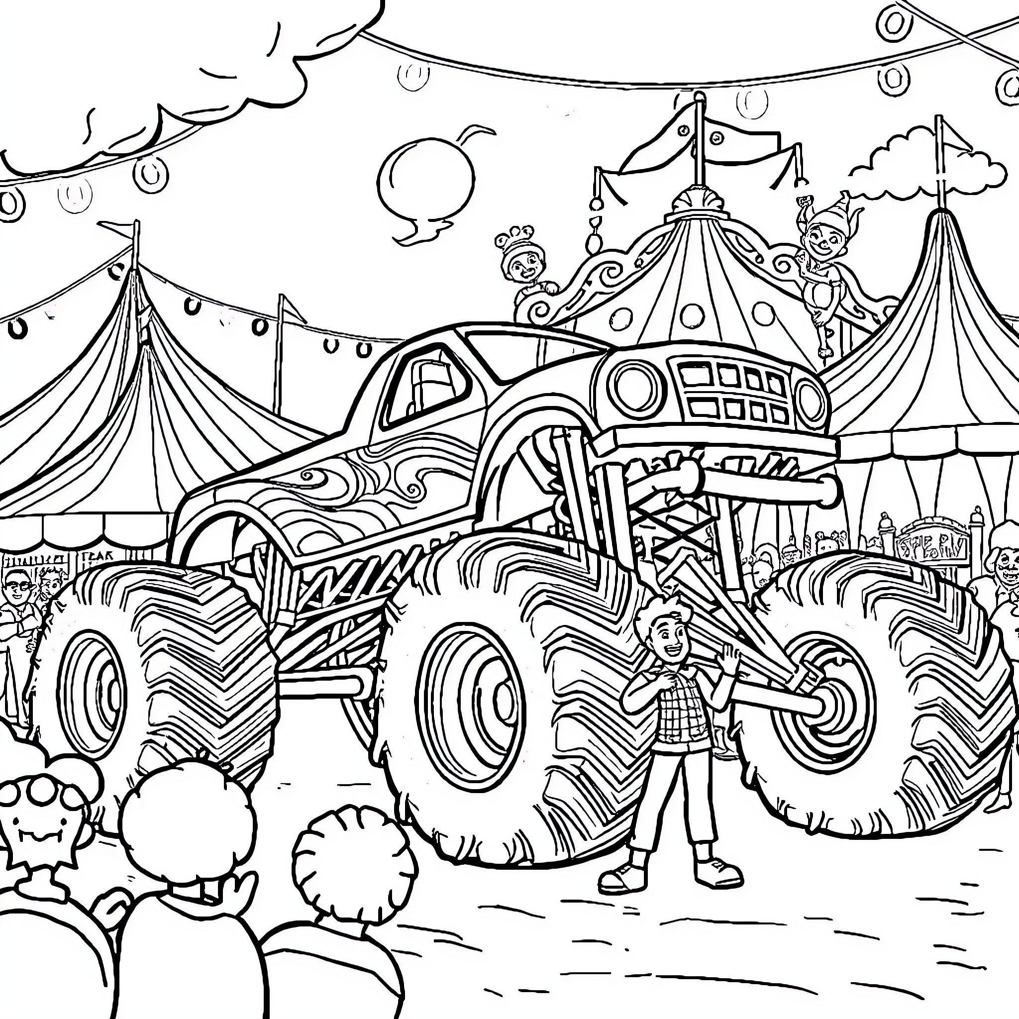 Carnival of Monster Trucks and Circus Tents Coloring Page (free black-and-white line drawing printable PDF for all, from beginners to advanced learners, including children, teens, adults, and seniors)