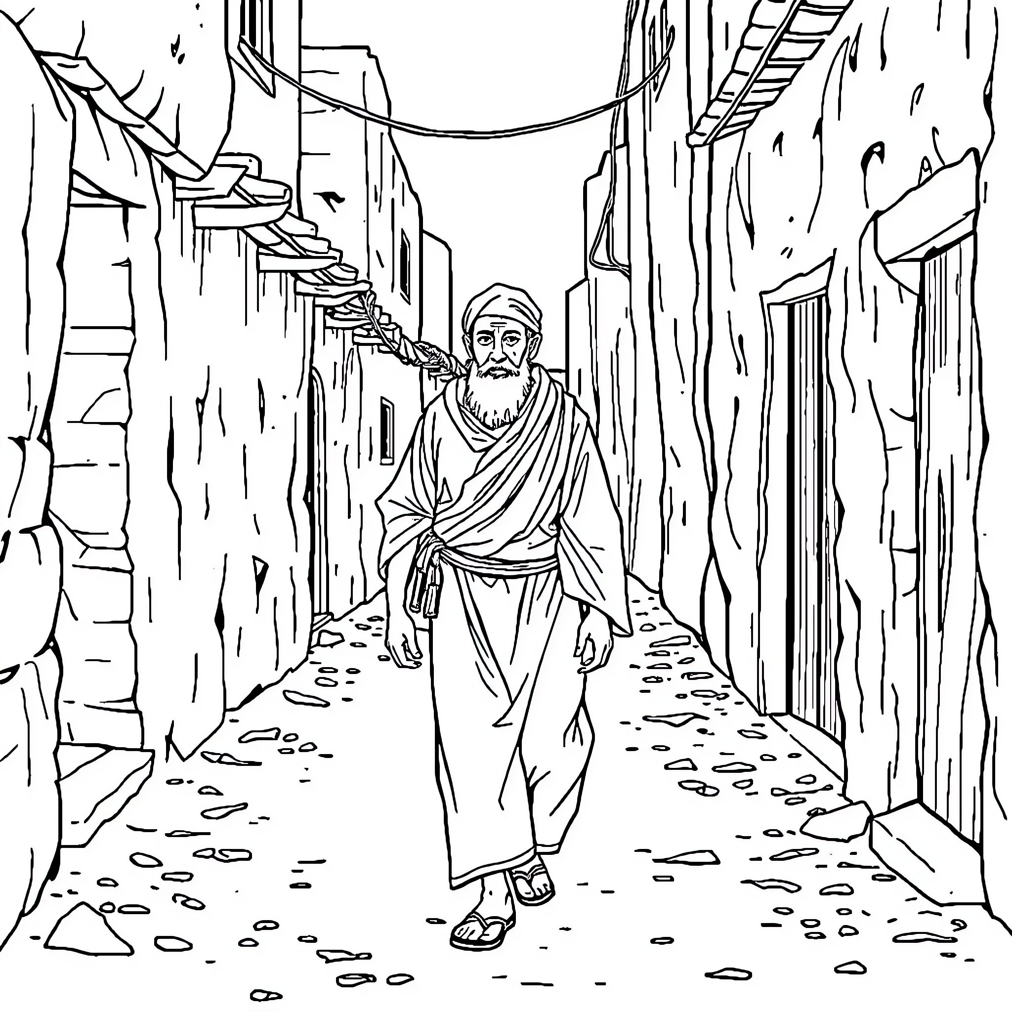 Israeli Man Walks Through Ancient Alleyway Coloring Page (free black-and-white line drawing printable PDF for all, from beginners to advanced learners, including children, teens, adults, and seniors)
