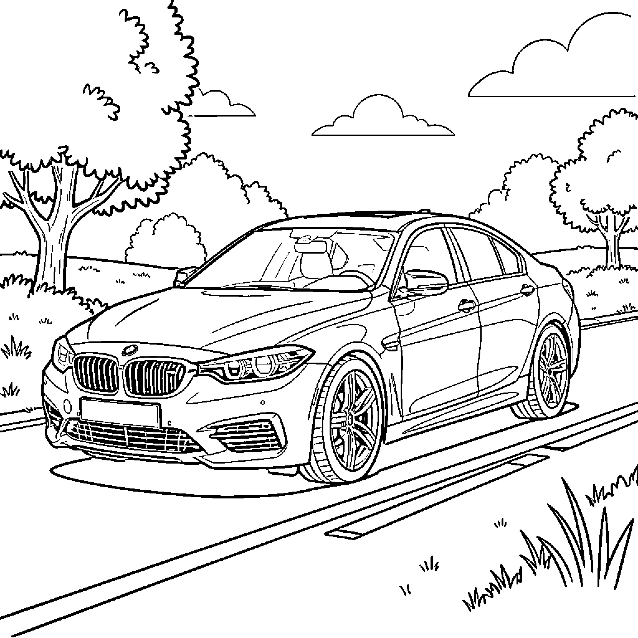 Car speeding on a scenic road Coloring Page (free black-and-white line drawing printable PDF for all, from beginners to advanced learners, including children, teens, adults, and seniors)