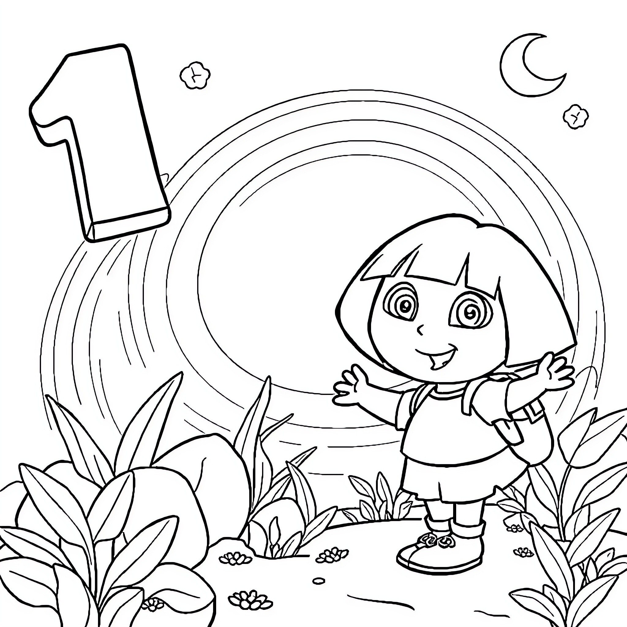 Dora exploring the nature under the stars Coloring Page (free black-and-white line drawing printable PDF for all, from beginners to advanced learners, including children, teens, adults, and seniors)