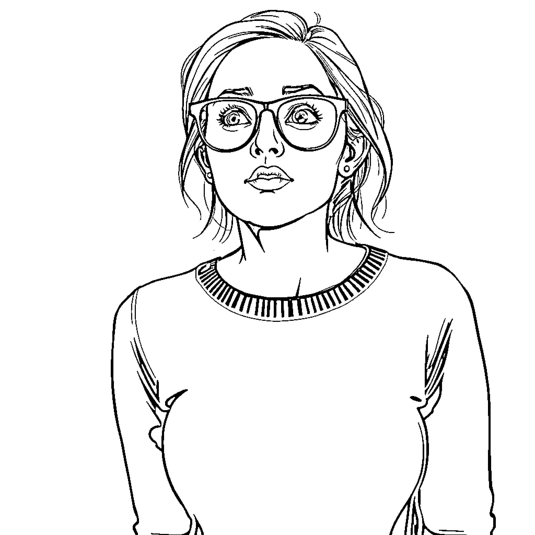 Woman with glasses in patterned top Coloring Page (free black-and-white line drawing printable PDF for all, from beginners to advanced learners, including children, teens, adults, and seniors)