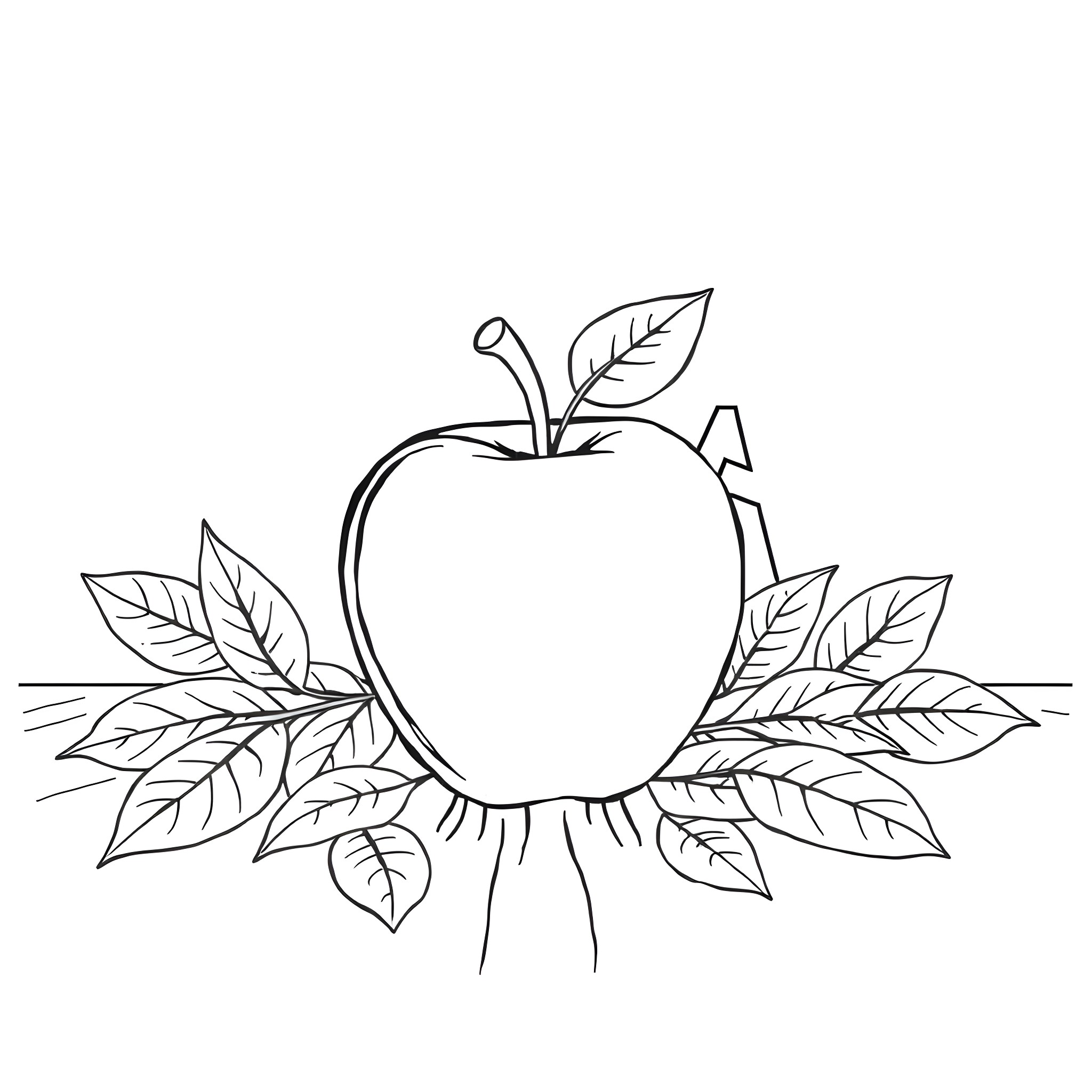 Apple surrounded by leaves and natural elements Coloring Page (free black-and-white line drawing printable PDF for all, from beginners to advanced learners, including children, teens, adults, and seniors)