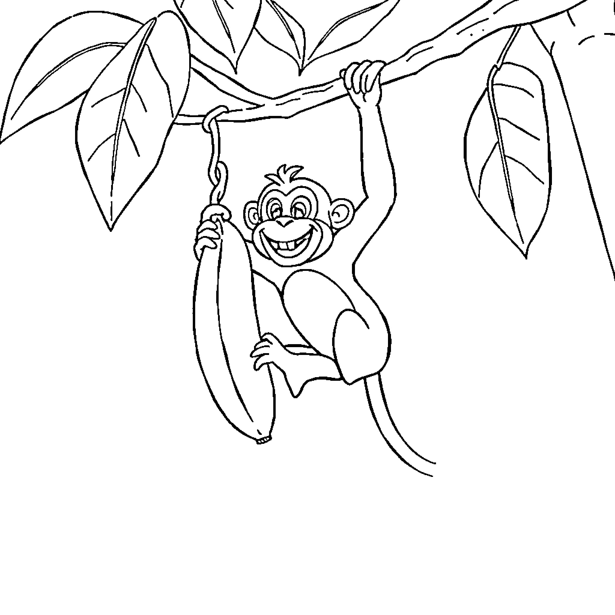 Monkey swinging joyfully in the jungle Coloring Page (free black-and-white line drawing printable PDF for all, from beginners to advanced learners, including children, teens, adults, and seniors)