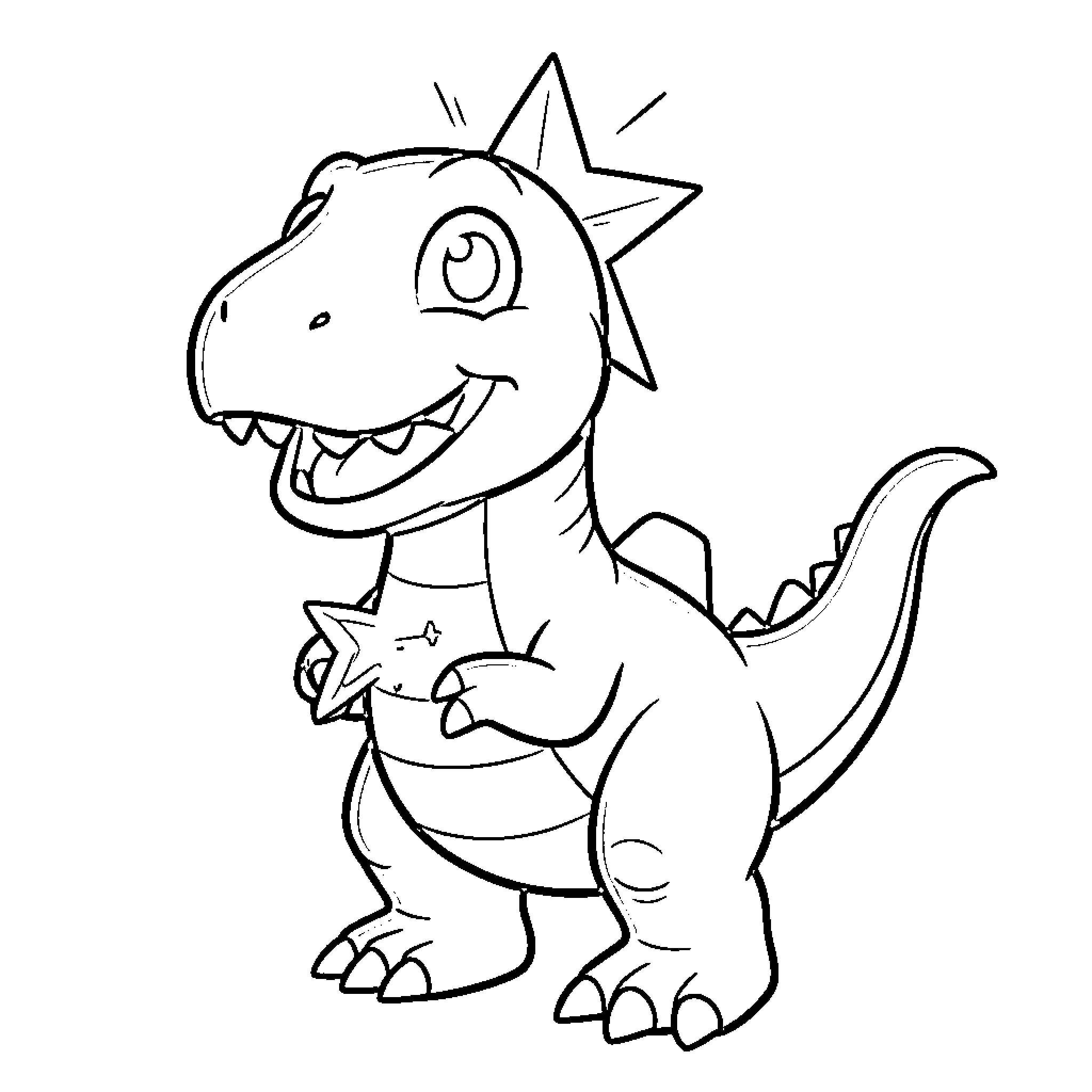 Dinosaur character happily standing and smiling Coloring Page (free black-and-white line drawing printable PDF for all, from beginners to advanced learners, including children, teens, adults, and seniors)