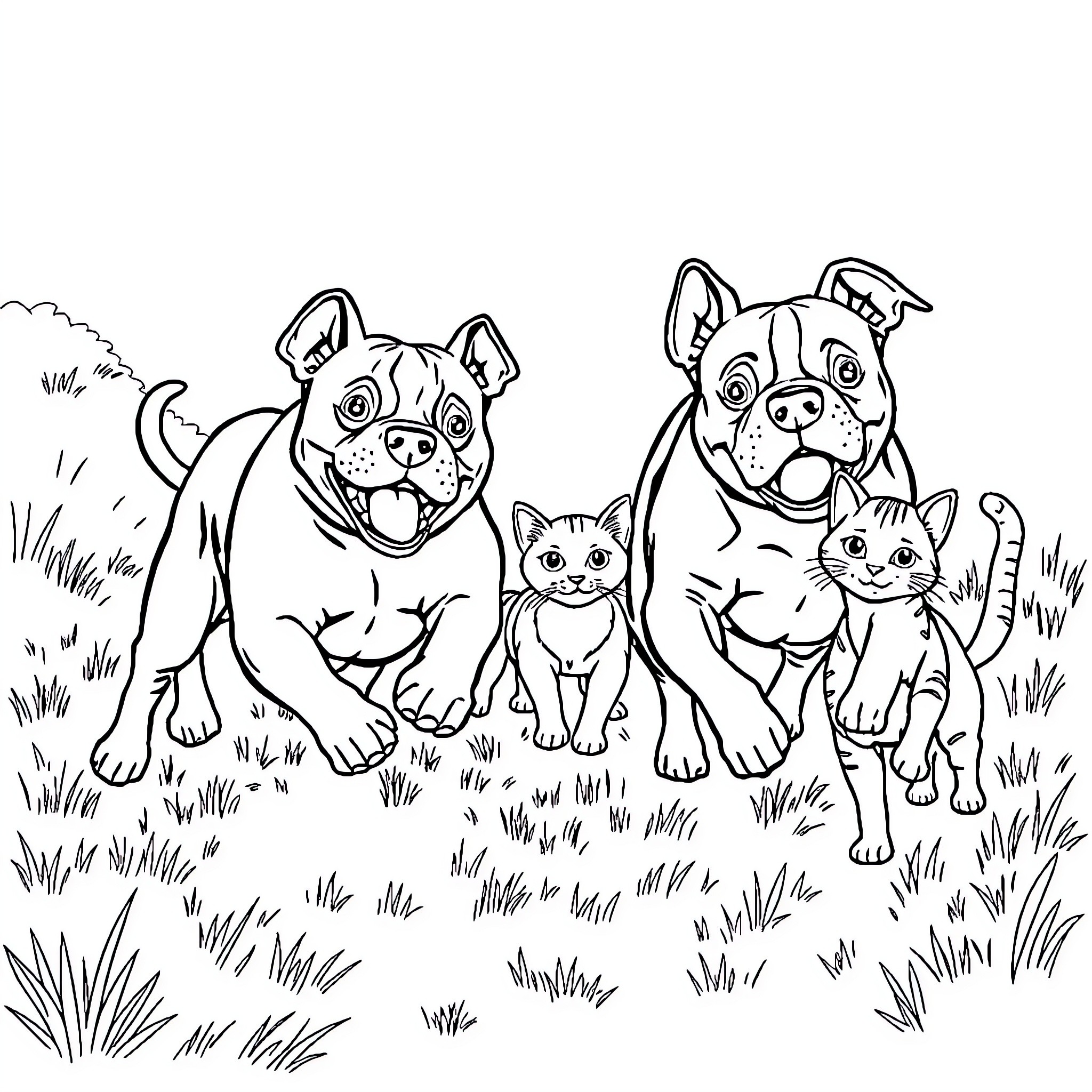 Pitbull and Furry Friends Playing in the Park Coloring Page (free black-and-white line drawing printable PDF for all, from beginners to advanced learners, including children, teens, adults, and seniors)