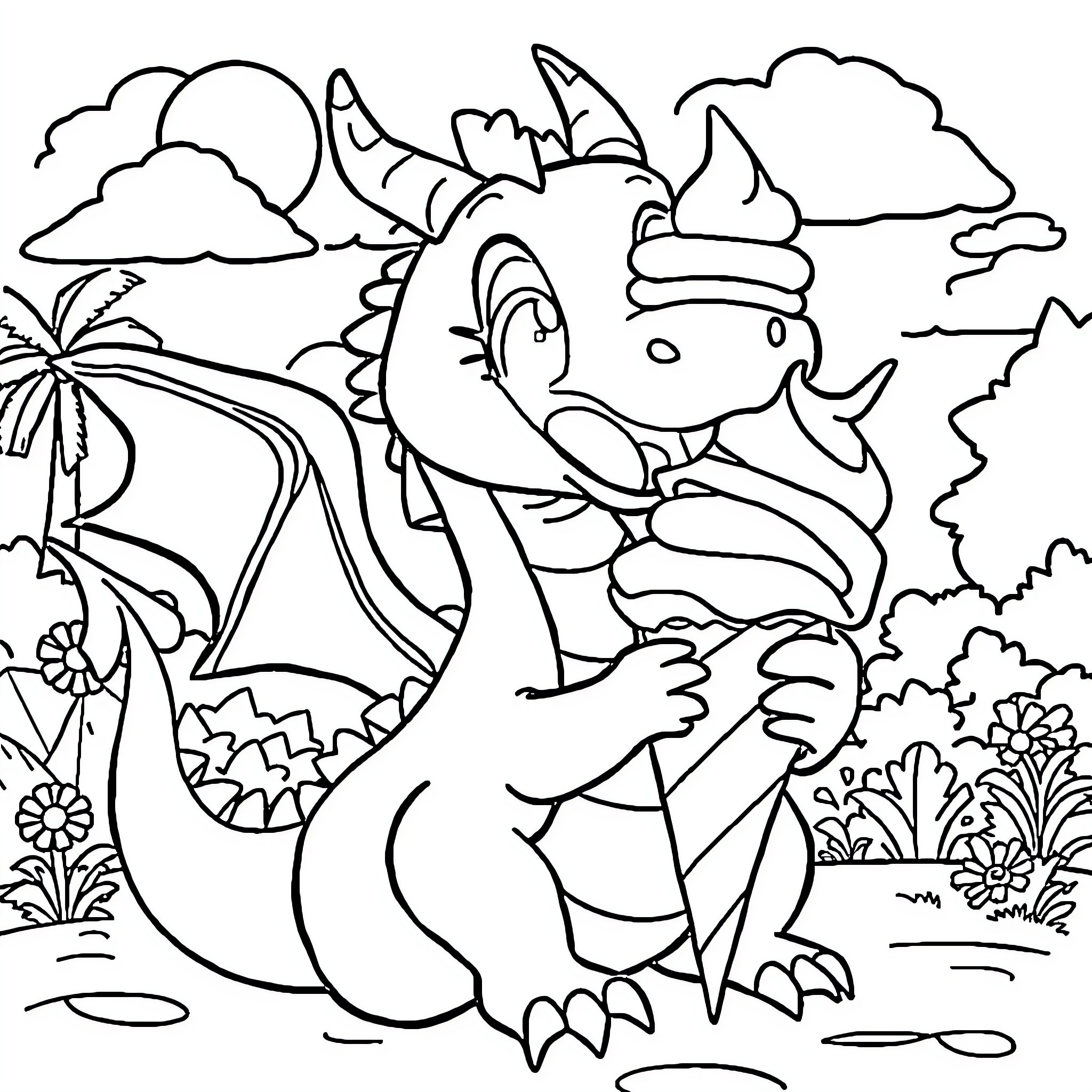 Dragon playing joyfully in tropical landscape Coloring Page (free black-and-white line drawing printable PDF for all, from beginners to advanced learners, including children, teens, adults, and seniors)