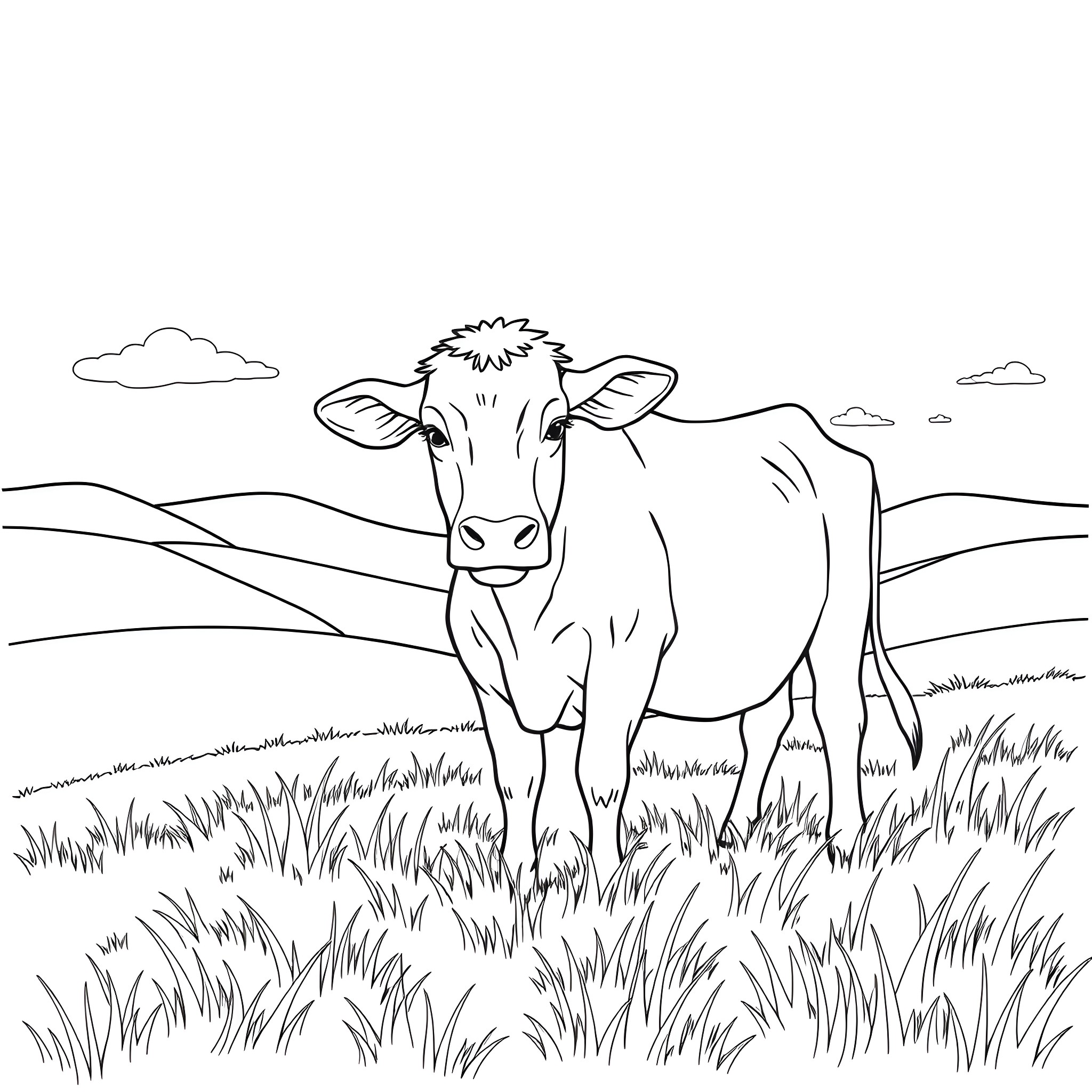 Cow standing in a grassy field Coloring Page (free black-and-white line drawing printable PDF for all, from beginners to advanced learners, including children, teens, adults, and seniors)