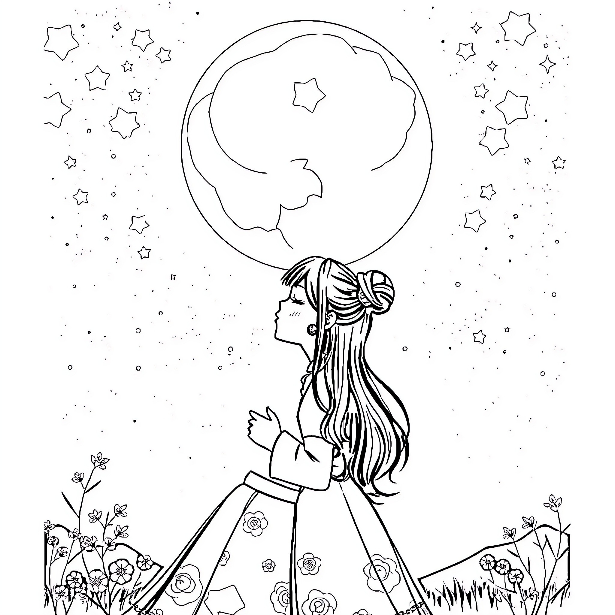 Maomao's Starry Night Dream Coloring Page (free black-and-white line drawing printable PDF for all, from beginners to advanced learners, including children, teens, adults, and seniors)