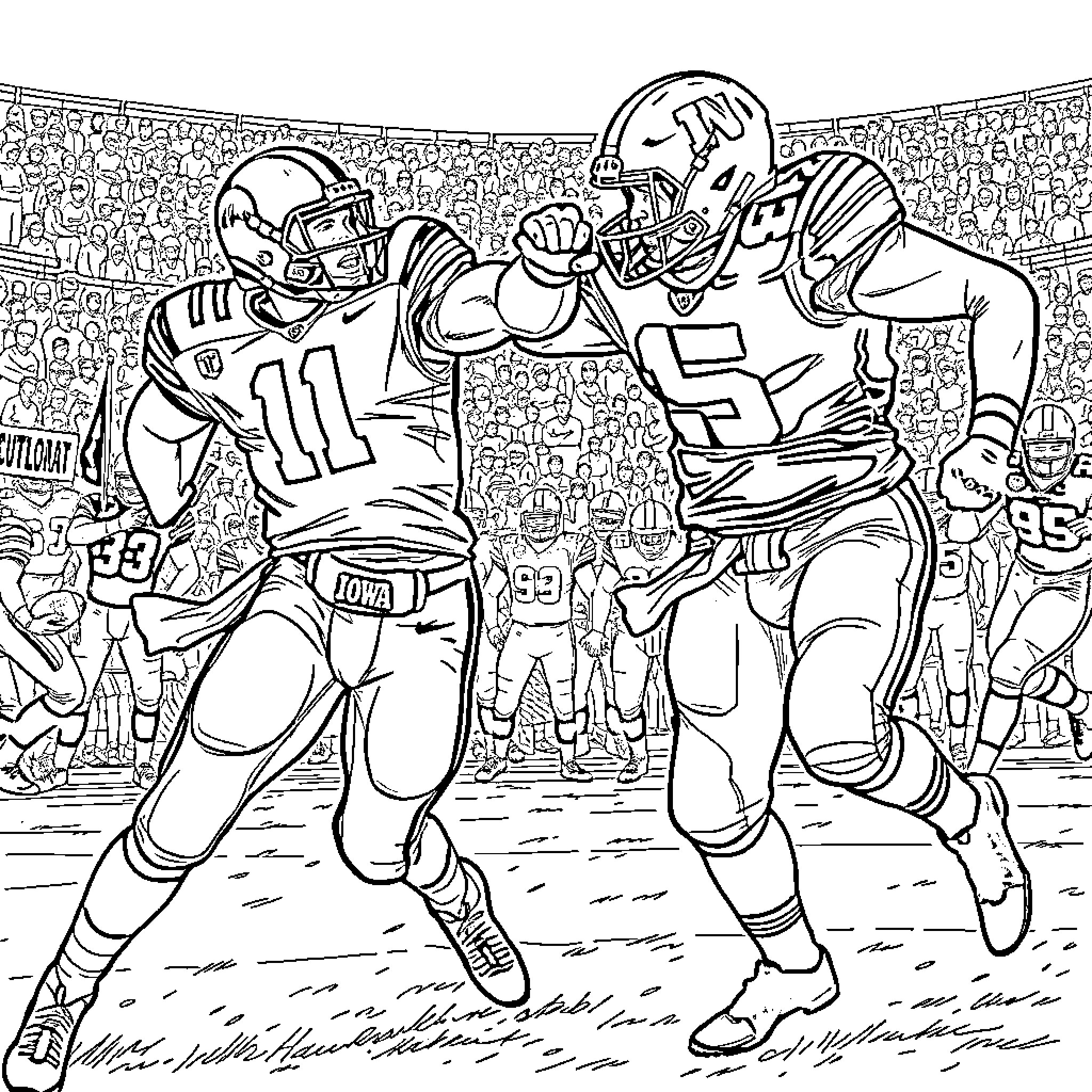 Iowa Hawkeye football players colliding in intense game Coloring Page (free black-and-white line drawing printable PDF for all, from beginners to advanced learners, including children, teens, adults, and seniors)