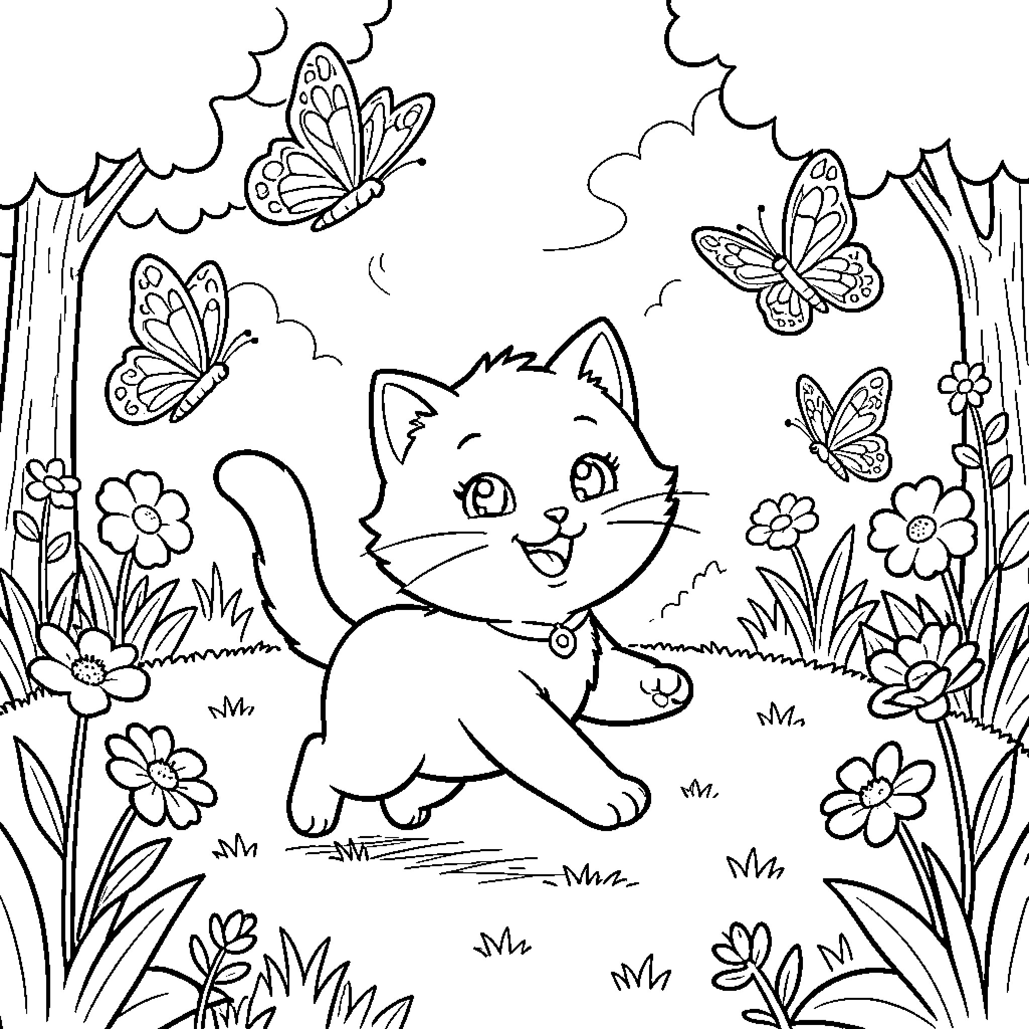 Cat chasing butterflies in a flowery meadow Coloring Page (free black-and-white line drawing printable PDF for all, from beginners to advanced learners, including children, teens, adults, and seniors)
