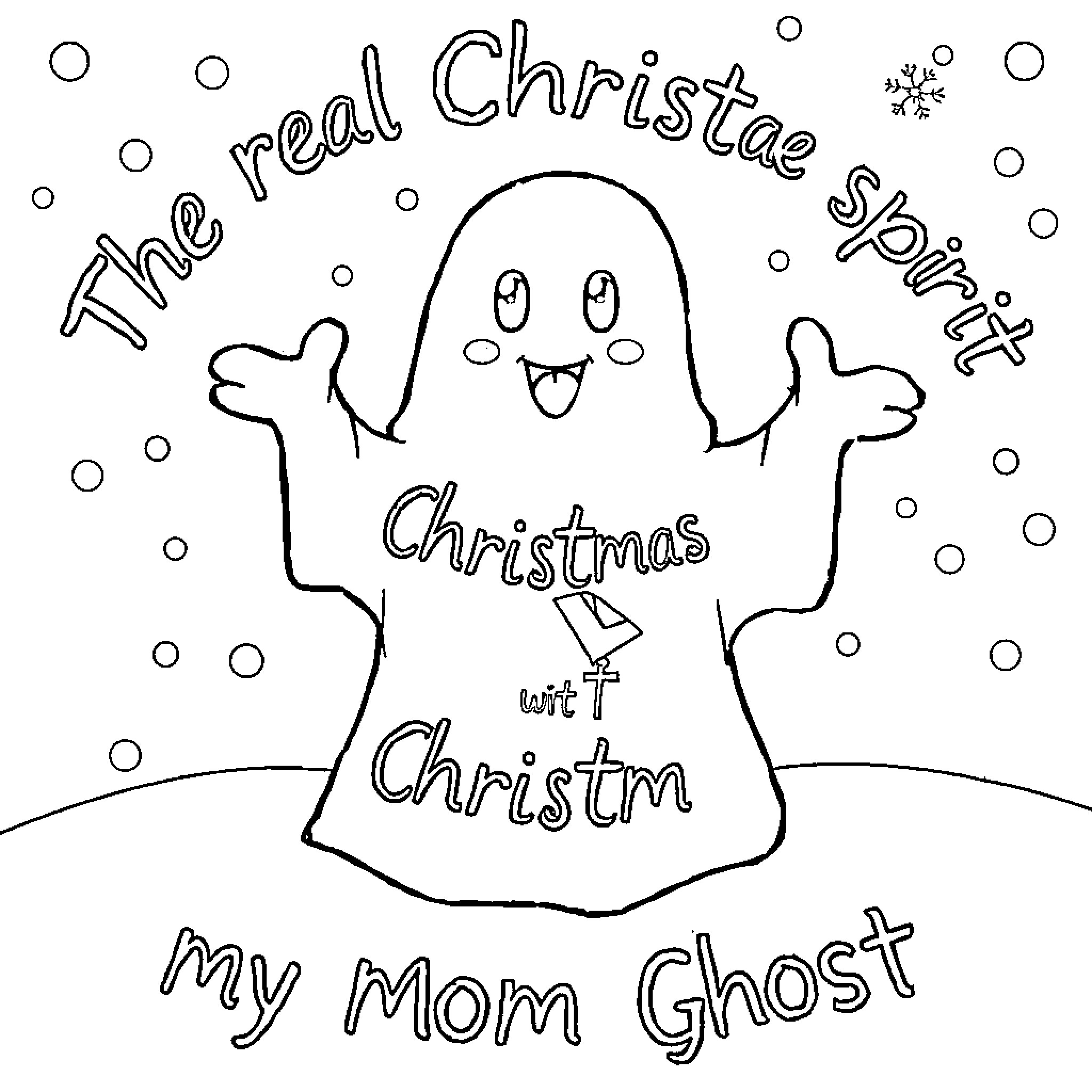 Ghost celebrating the real Christmas spirit Coloring Page (free black-and-white line drawing printable PDF for all, from beginners to advanced learners, including children, teens, adults, and seniors)