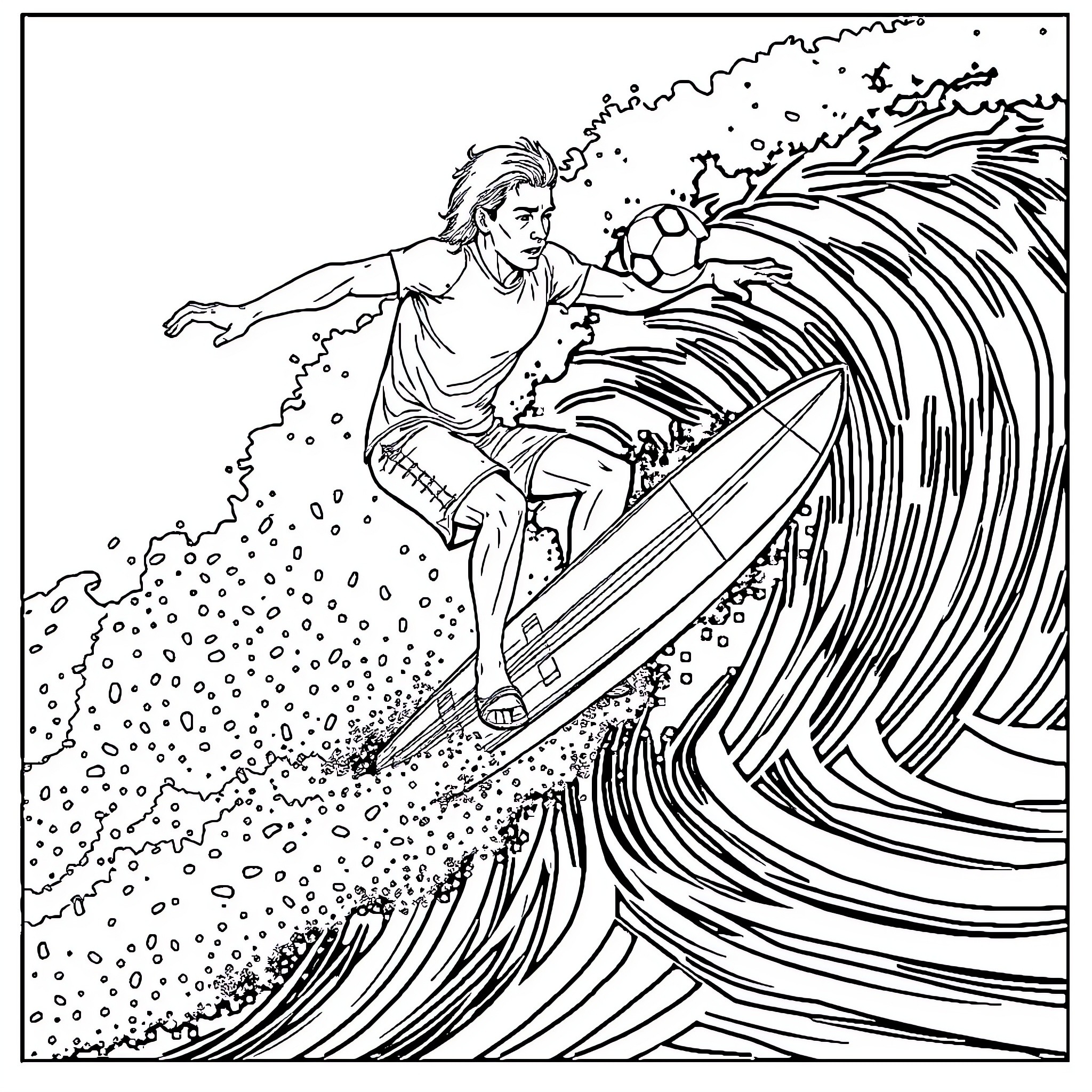 Football player surfing massive wave Coloring Page (free black-and-white line drawing printable PDF for all, from beginners to advanced learners, including children, teens, adults, and seniors)