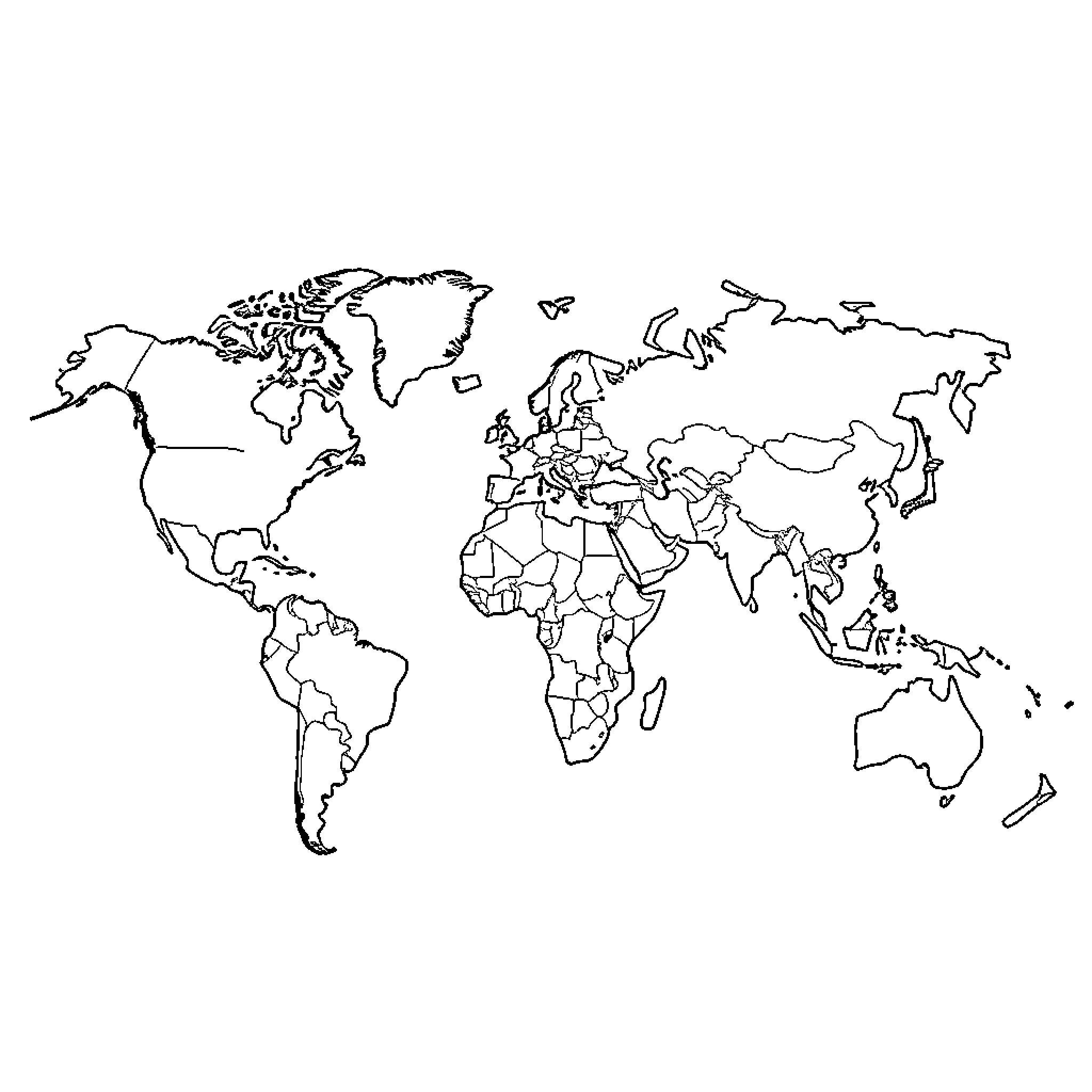 World Map with Simplified Country Outlines Coloring Page (free black-and-white line drawing printable PDF for all, from beginners to advanced learners, including children, teens, adults, and seniors)