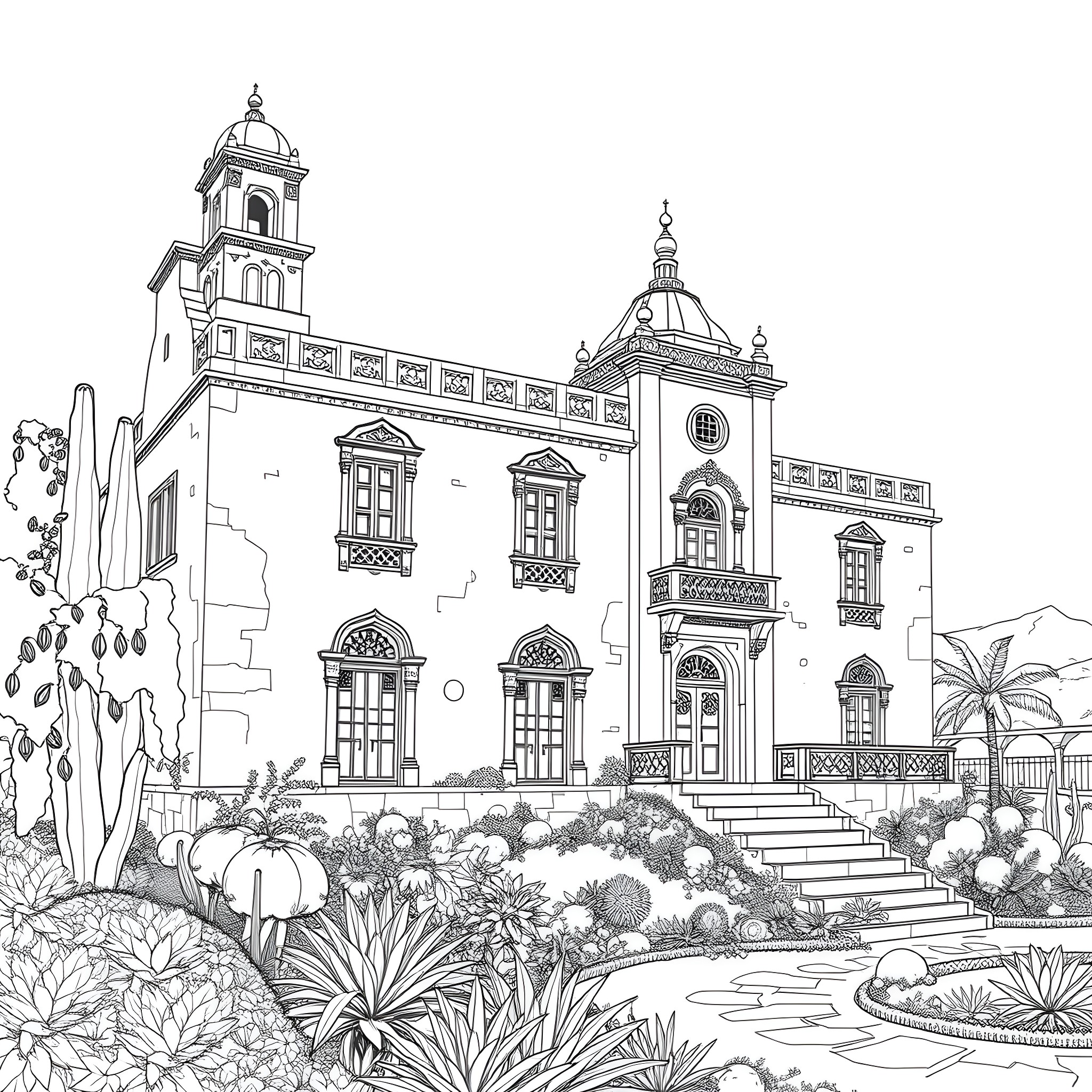 House with Ornate Architecture in Lush Floral Landscape Coloring Page (free black-and-white line drawing printable PDF for all, from beginners to advanced learners, including children, teens, adults, and seniors)