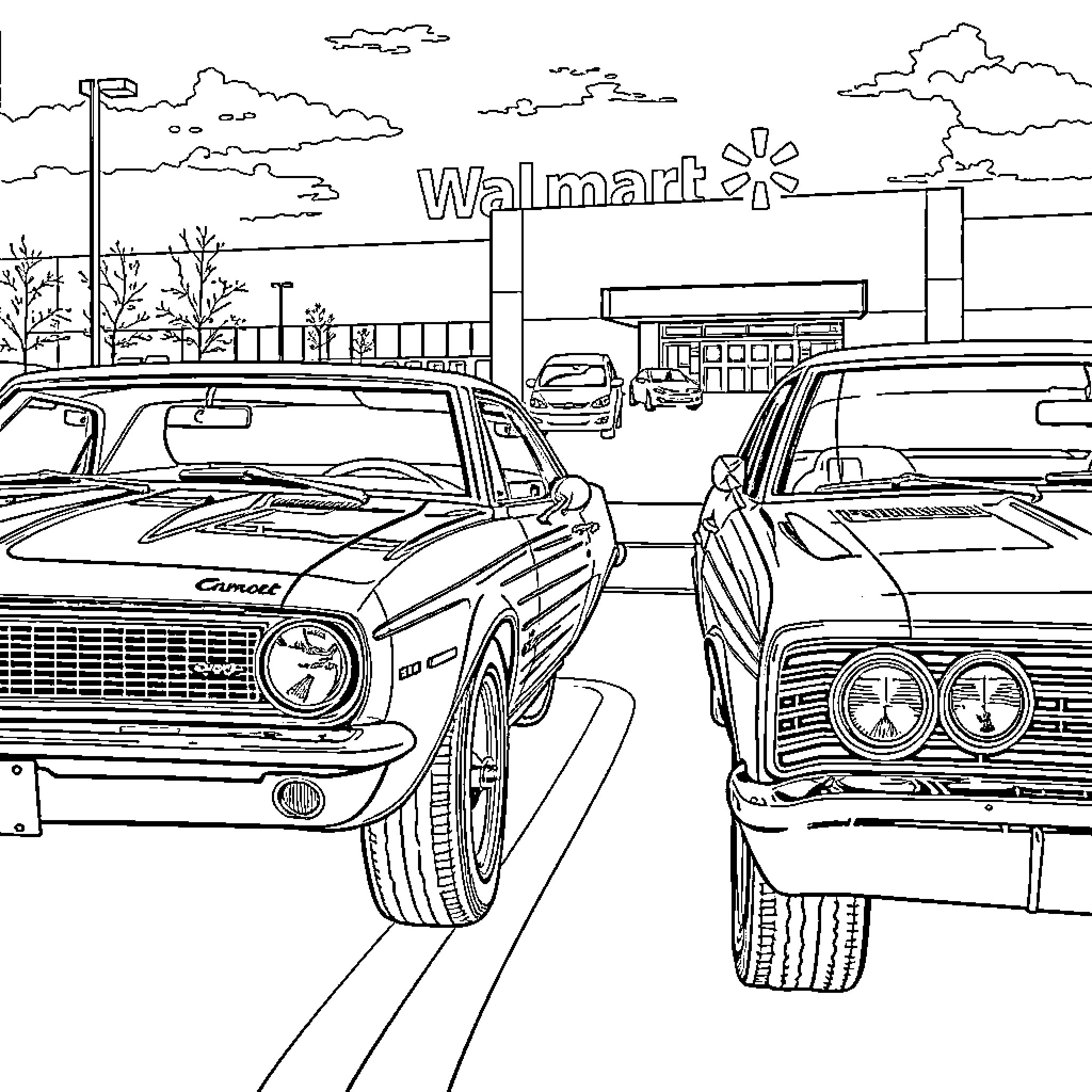 Chevrolet classic cars parked in front of Walmart Coloring Page (free black-and-white line drawing printable PDF for all, from beginners to advanced learners, including children, teens, adults, and seniors)