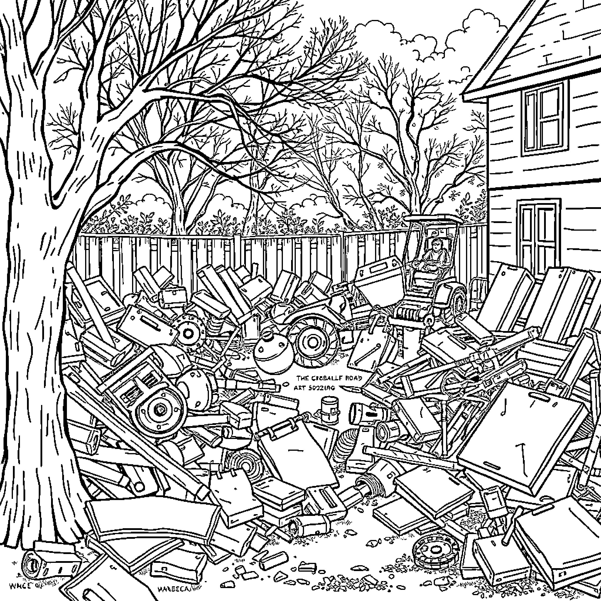 Haul of Discarded Items in Overgrown Yard Coloring Page (free black-and-white line drawing printable PDF for all, from beginners to advanced learners, including children, teens, adults, and seniors)