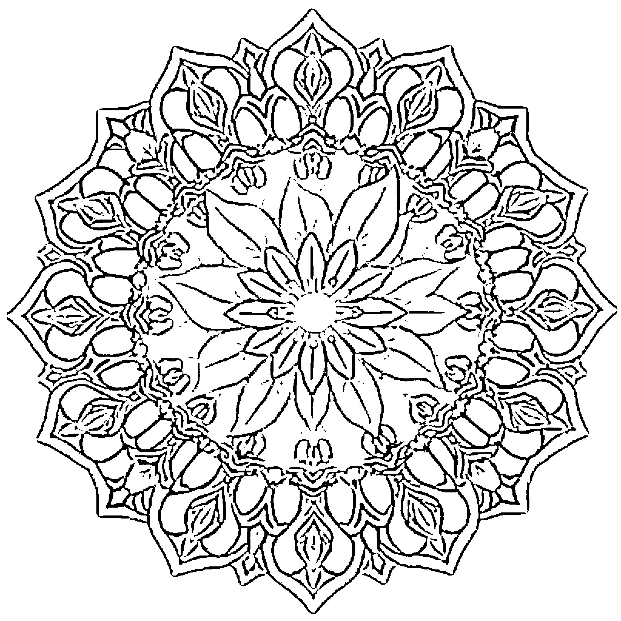 Mandala of intricate floral patterns Coloring Page (free black-and-white line drawing printable PDF for all, from beginners to advanced learners, including children, teens, adults, and seniors)