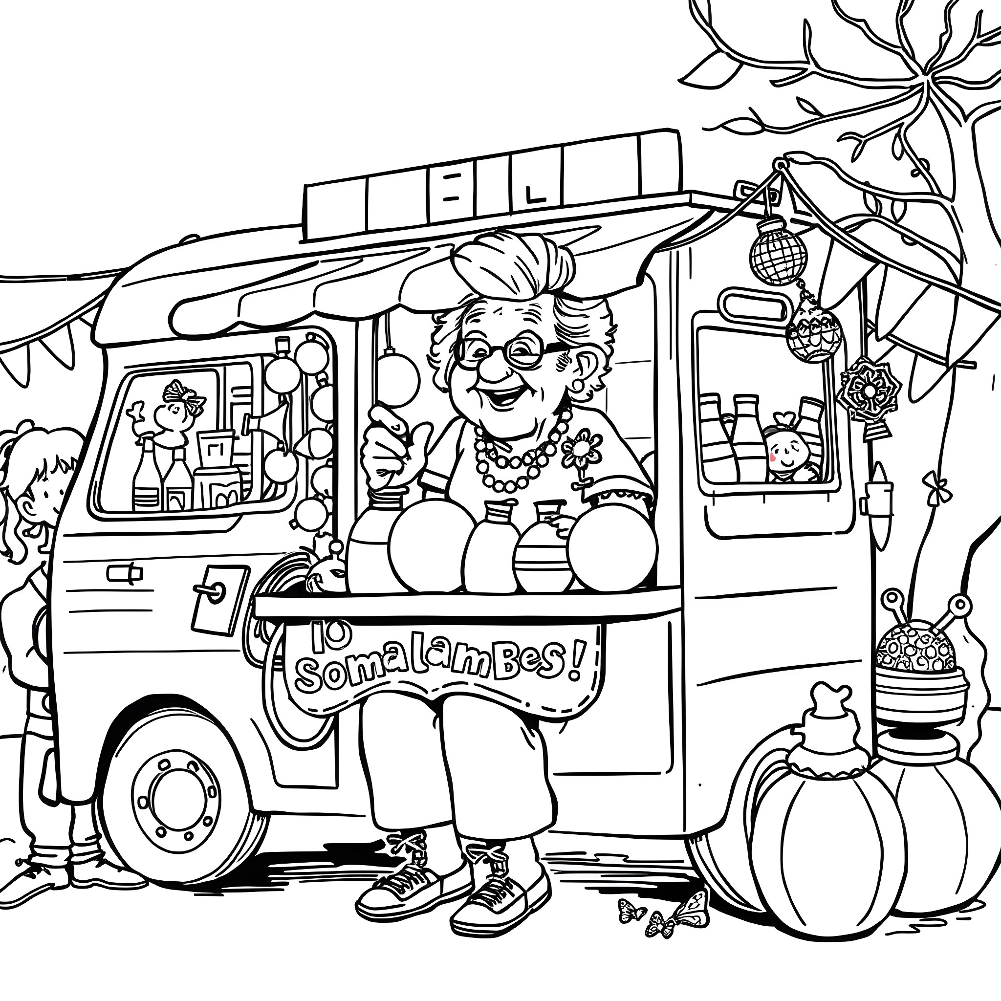 Grandma's Joyful Mobile Food Stall Coloring Page (free black-and-white line drawing printable PDF for all, from beginners to advanced learners, including children, teens, adults, and seniors)