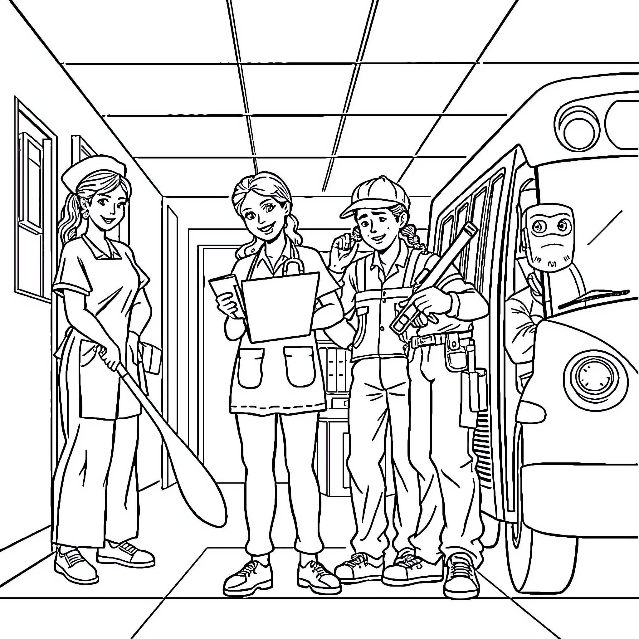 Worker teamwork and collaboration in workplace Coloring Page (free black-and-white line drawing printable PDF for all, from beginners to advanced learners, including children, teens, adults, and seniors)