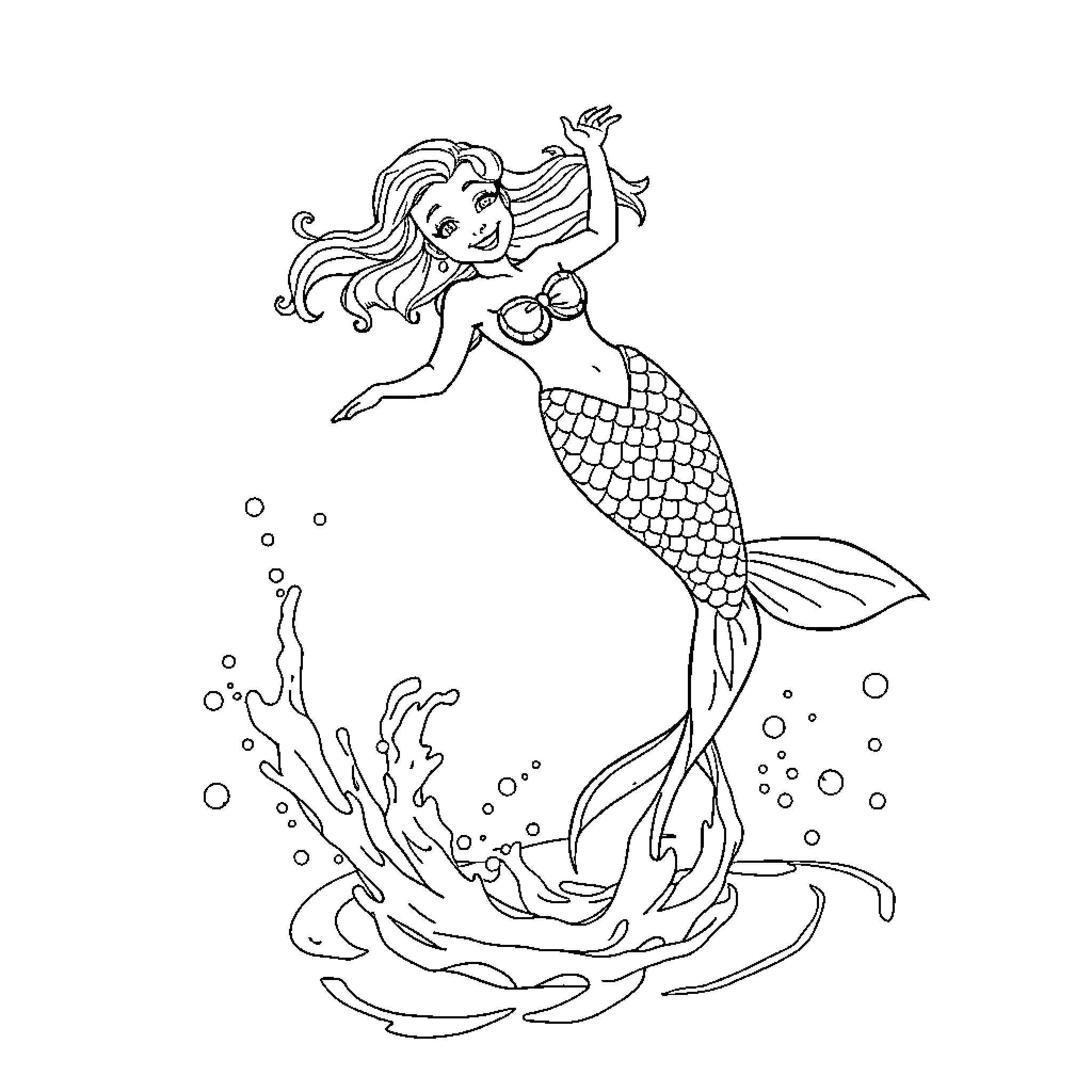 Mermaid dancing joyfully in the ocean Coloring Page (free black-and-white line drawing printable PDF for all, from beginners to advanced learners, including children, teens, adults, and seniors)