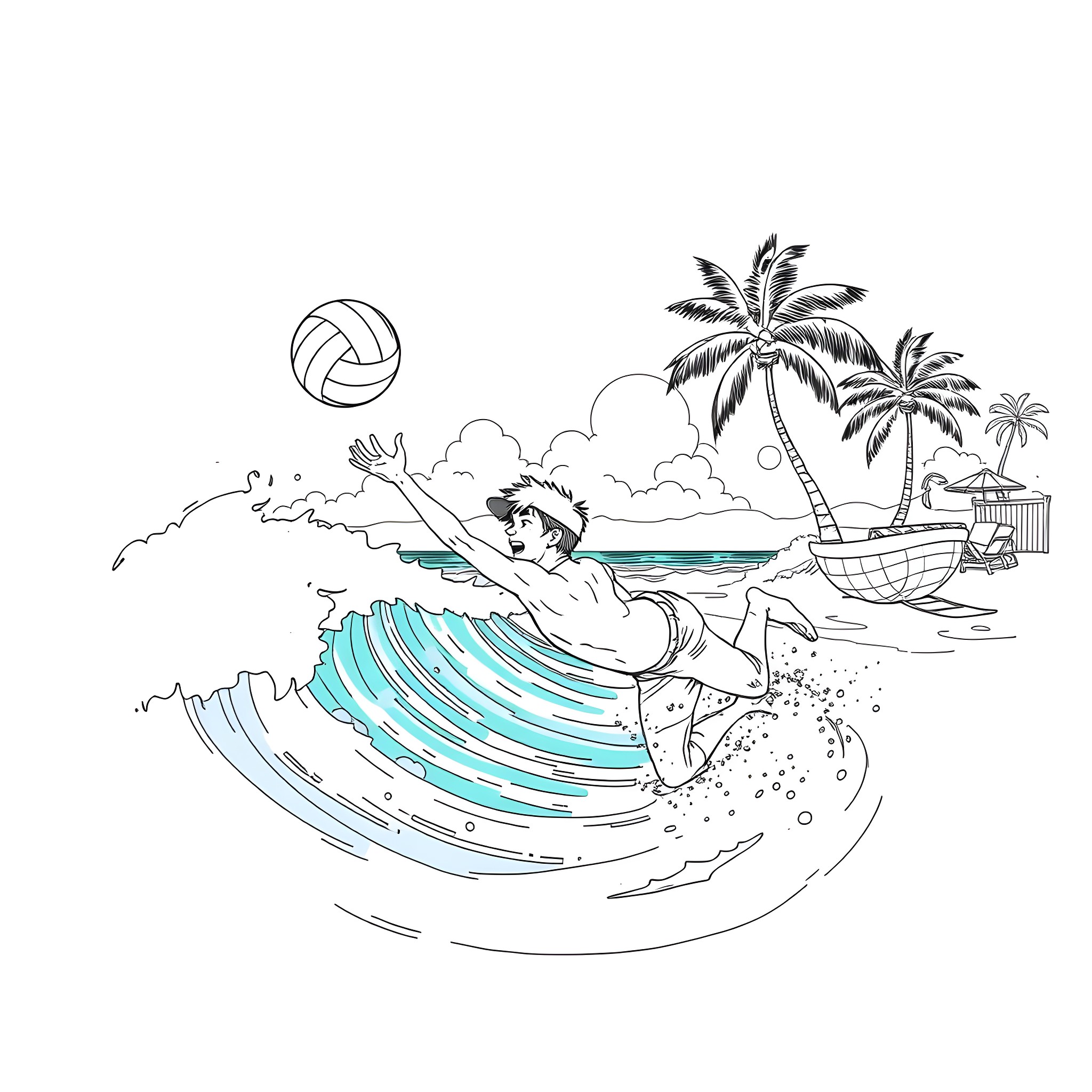 Youtuber Surfer Riding Massive Wave on Tropical Beach Coloring Page (free black-and-white line drawing printable PDF for all, from beginners to advanced learners, including children, teens, adults, and seniors)