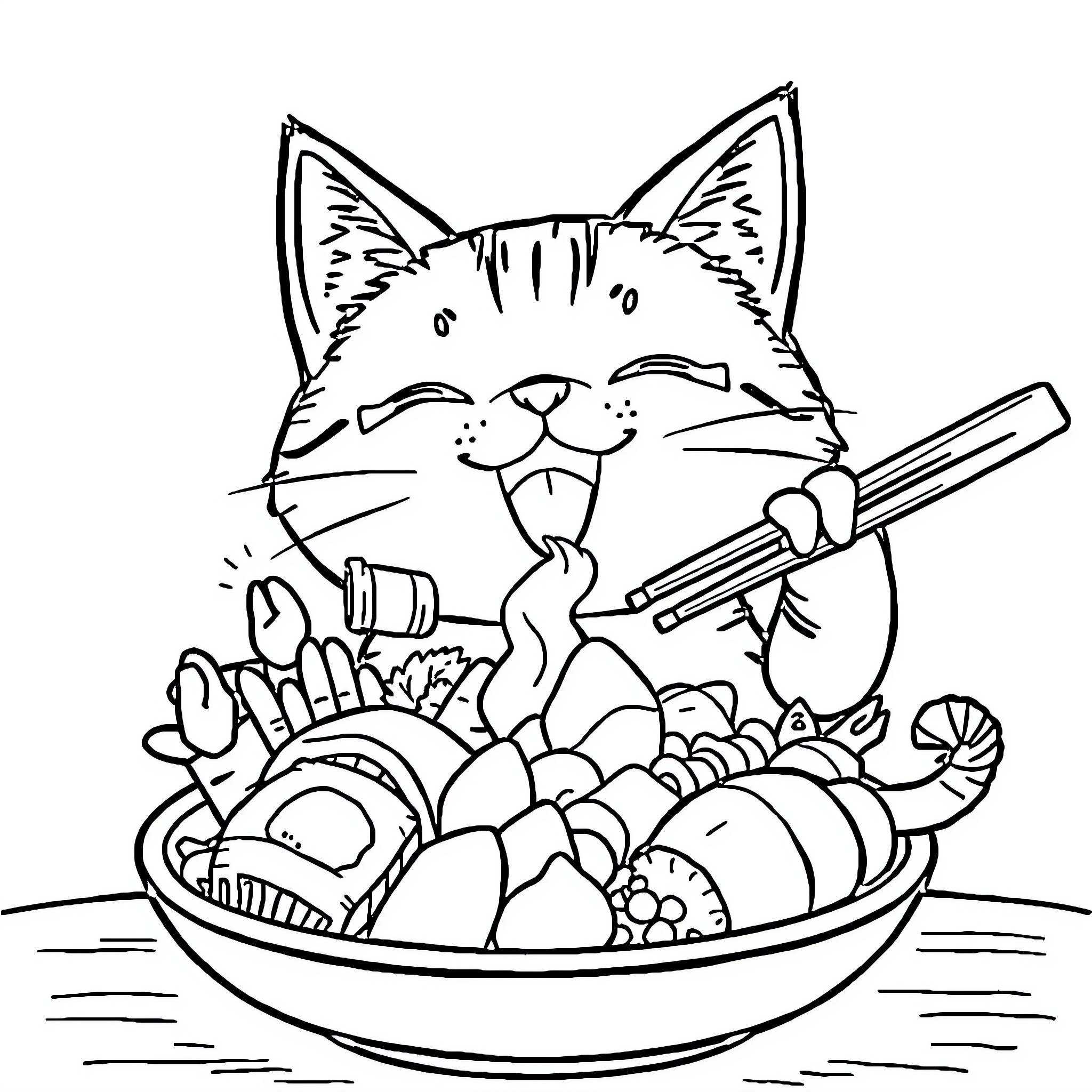 Cat enjoying a hearty meal Coloring Page (free black-and-white line drawing printable PDF for all, from beginners to advanced learners, including children, teens, adults, and seniors)