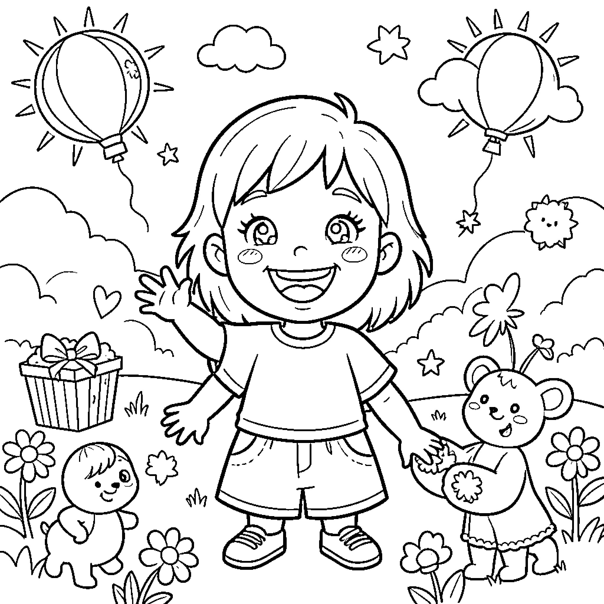 Beauty of a happy girl playing with friends Coloring Page (free black-and-white line drawing printable PDF for all, from beginners to advanced learners, including children, teens, adults, and seniors)