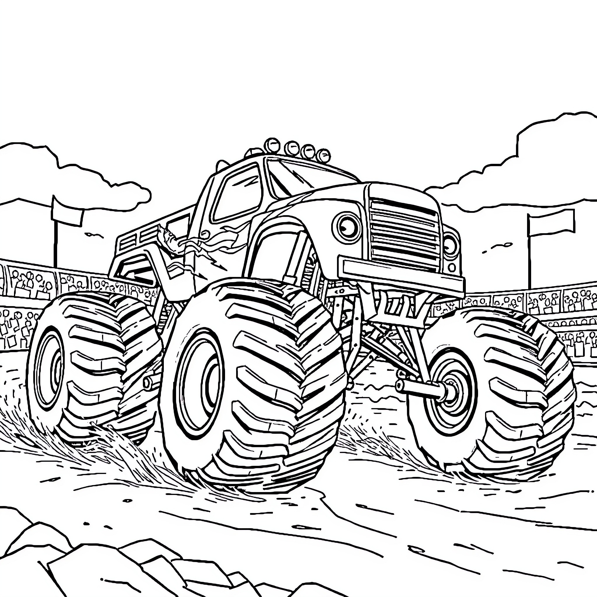 Monster Truck Crushing through Rugged Terrain Coloring Page (free black-and-white line drawing printable PDF for all, from beginners to advanced learners, including children, teens, adults, and seniors)