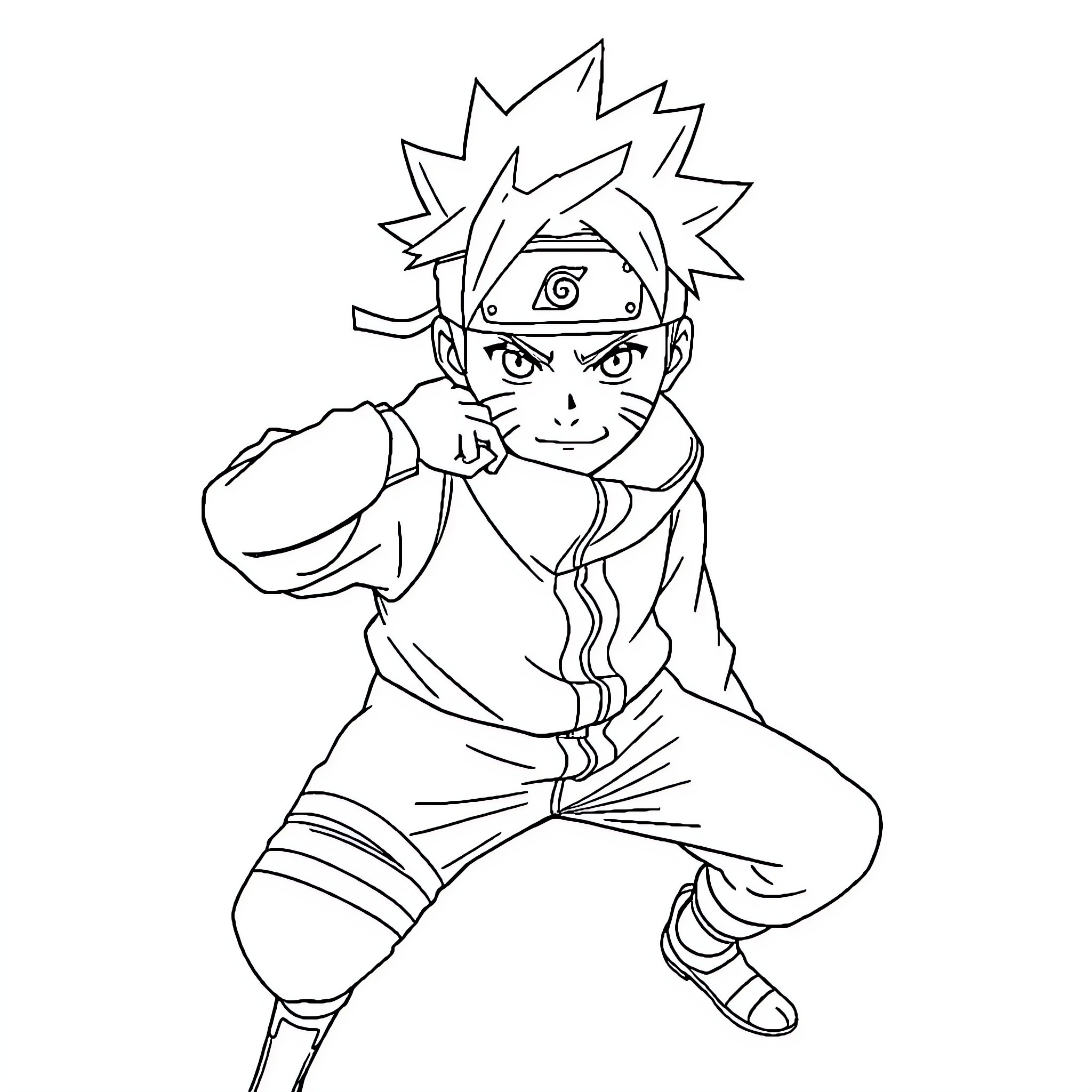 Naruto ready for action with determined expression Coloring Page (free black-and-white line drawing printable PDF for all, from beginners to advanced learners, including children, teens, adults, and seniors)