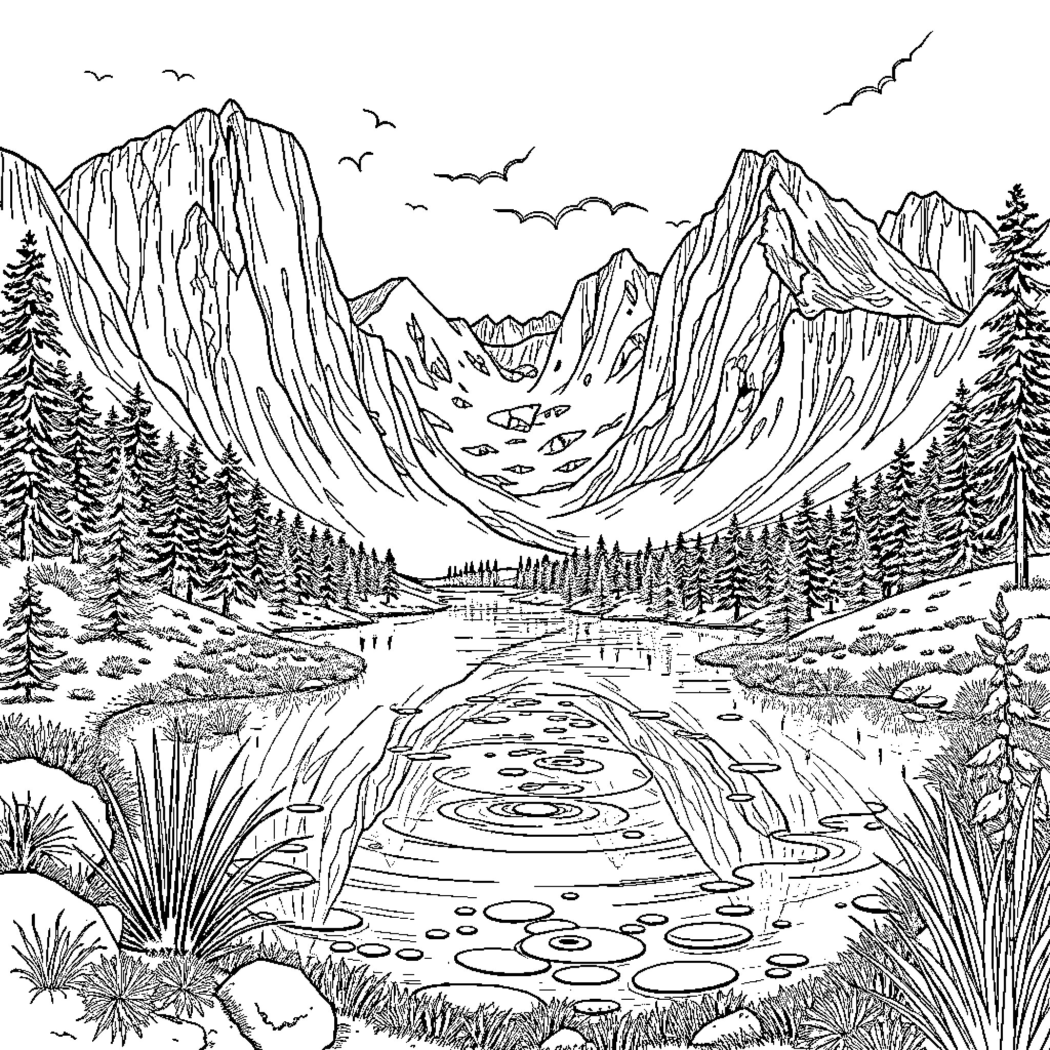 Mountain Landscape with Scenic Lake and Wildlife Coloring Page (free black-and-white line drawing printable PDF for all, from beginners to advanced learners, including children, teens, adults, and seniors)