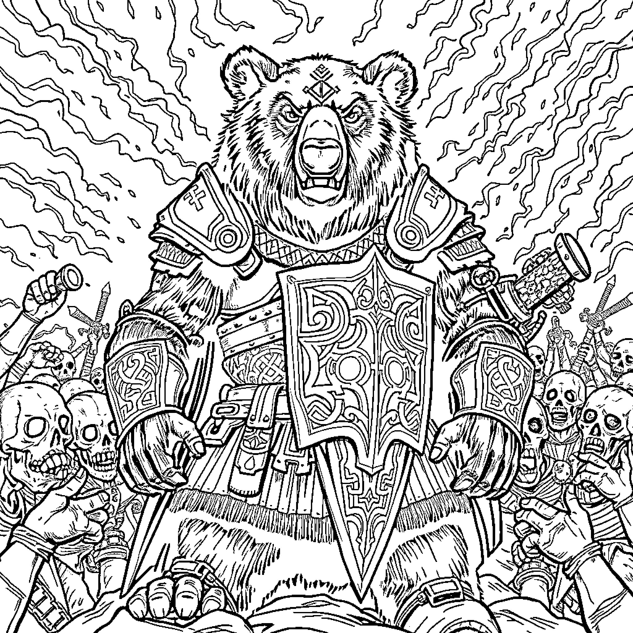 Bear warrior leading an army of skeletons and monsters Coloring Page (free black-and-white line drawing printable PDF for all, from beginners to advanced learners, including children, teens, adults, and seniors)