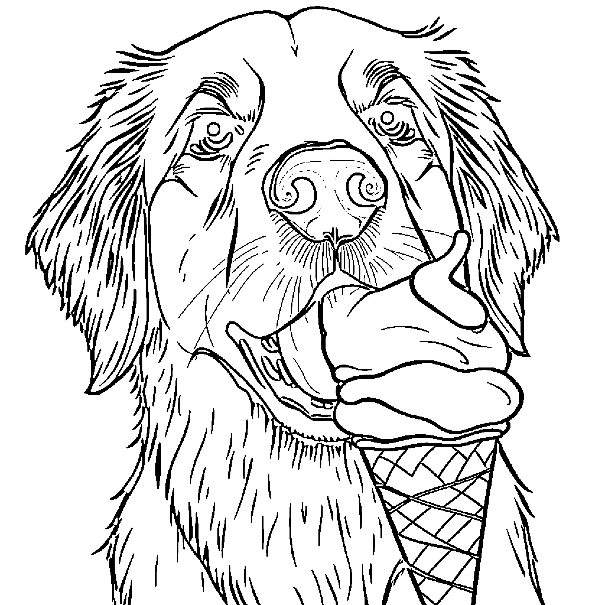Golden Retriever enjoying ice cream Coloring Page (free black-and-white line drawing printable PDF for all, from beginners to advanced learners, including children, teens, adults, and seniors)