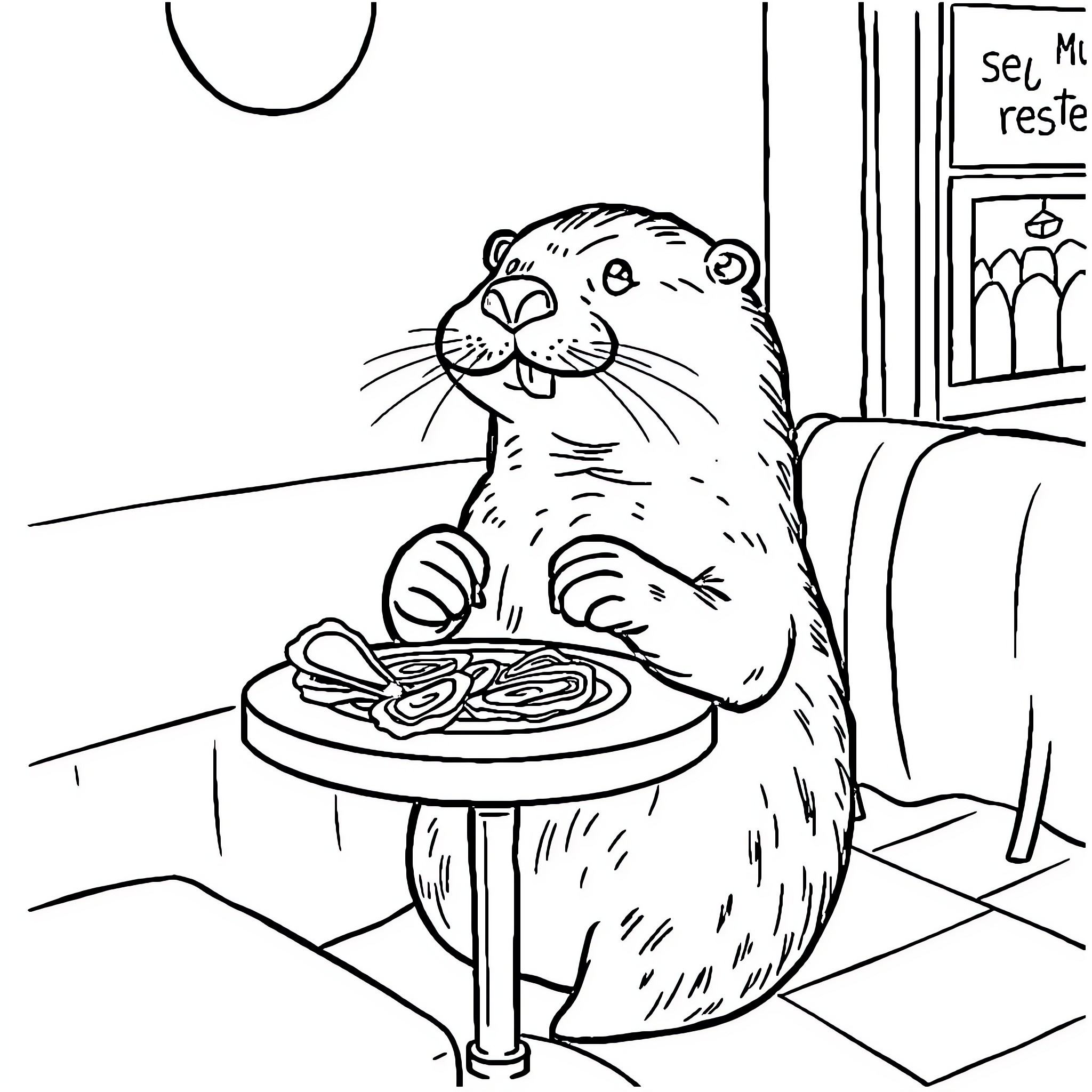 Otter enjoying a tasty meal at the dinner table Coloring Page (free black-and-white line drawing printable PDF for all, from beginners to advanced learners, including children, teens, adults, and seniors)