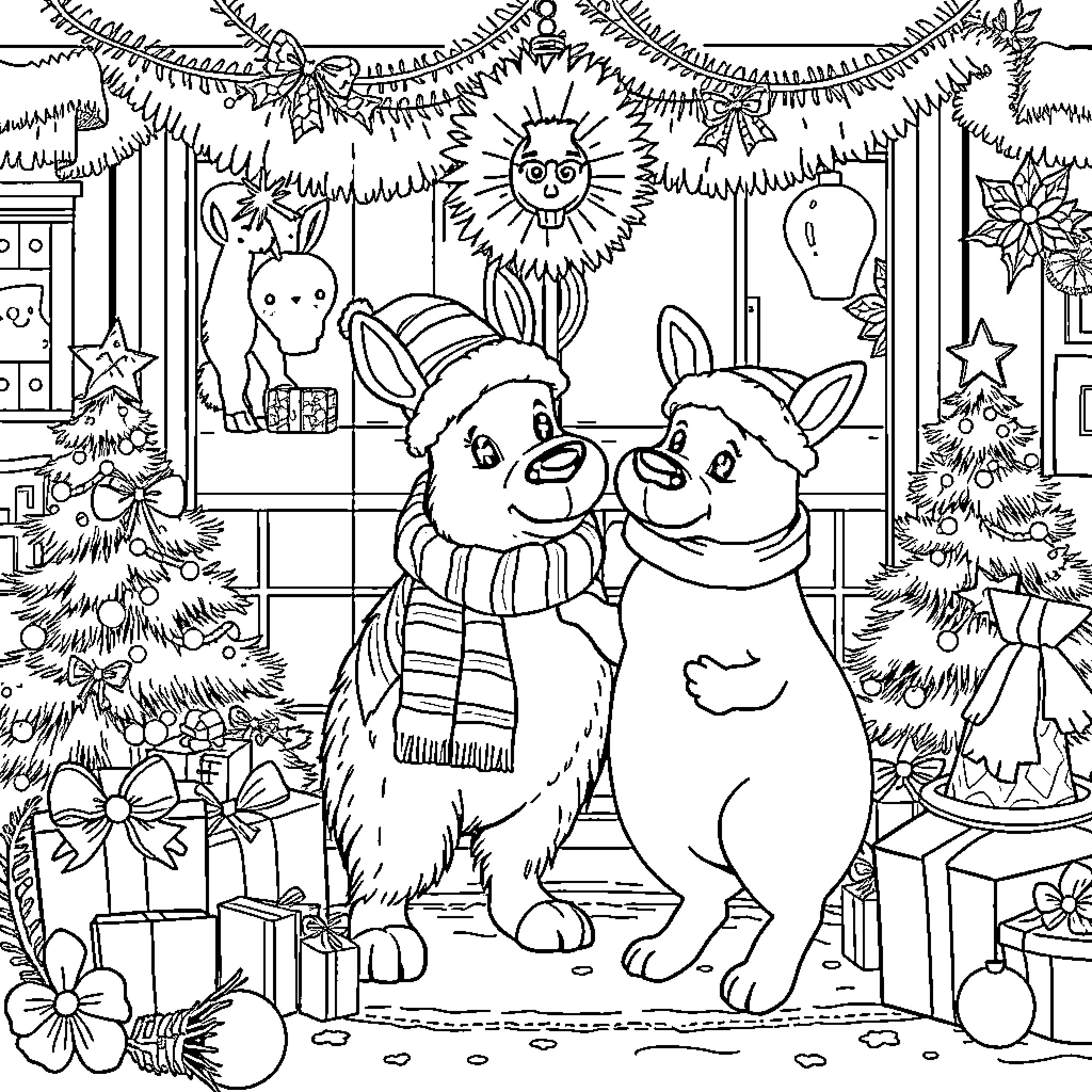 Huntrix's Delightful Holiday Scene Coloring Page (free black-and-white line drawing printable PDF for all, from beginners to advanced learners, including children, teens, adults, and seniors)